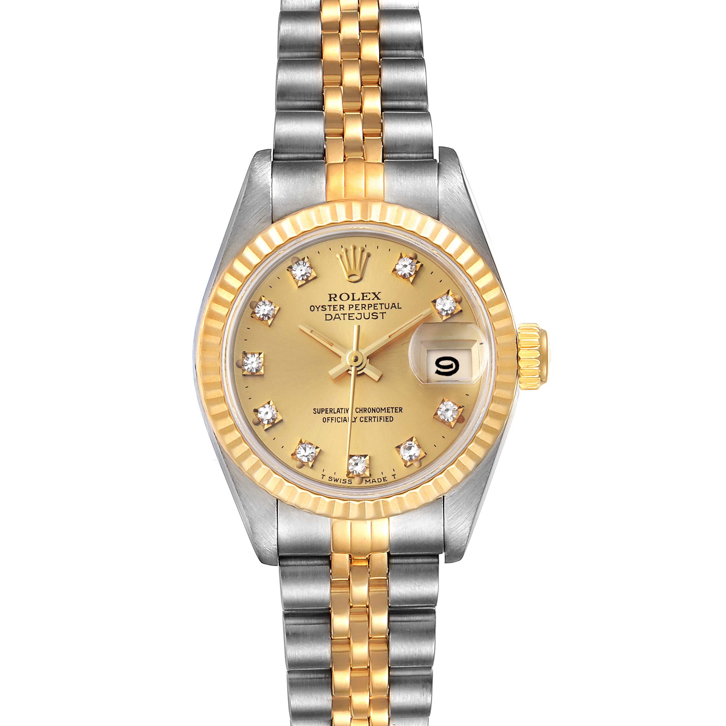 This image shows a Rolex Datejust 69173 Women
s Steel and Gold (two tone) Champagne Dial 69173 Women
s Steel and Gold (two tone) Champagne Dial watch from a front angle, featuring the dial, bezel, and bracelet.