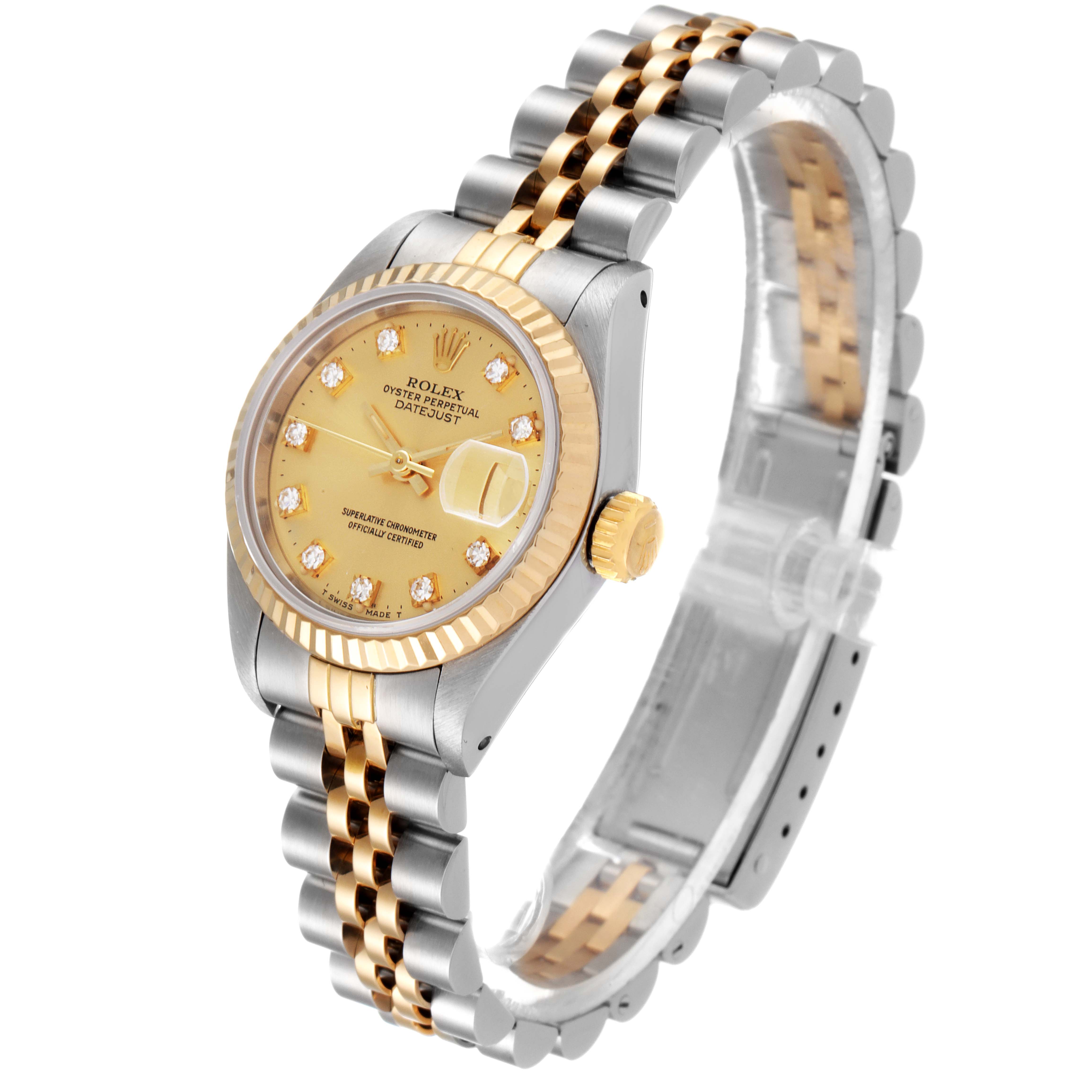 The Rolex Datejust 69173 Women
s Steel and Gold (two tone) Champagne Dial 69173 Women
s Steel and Gold (two tone) Champagne Dial watch is shown at a three-quarter angle, highlighting the face, fluted bezel, and two-tone jubilee bracelet.