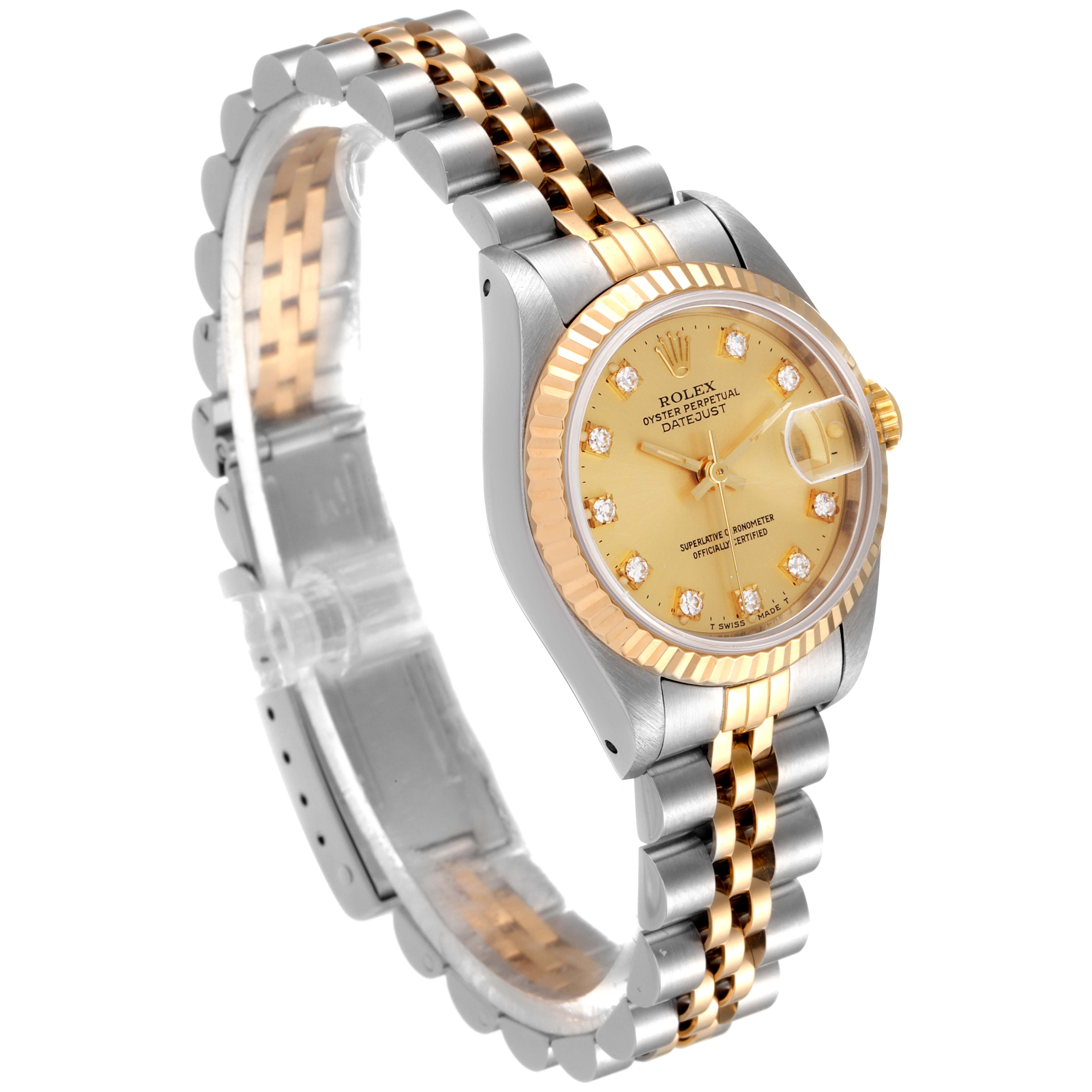This image shows a side angle of a Rolex Datejust 69173 Women
s Steel and Gold (two tone) Champagne Dial 69173 Women
s Steel and Gold (two tone) Champagne Dial watch, highlighting its champagne dial, Jubilee bracelet, and fluted bezel.