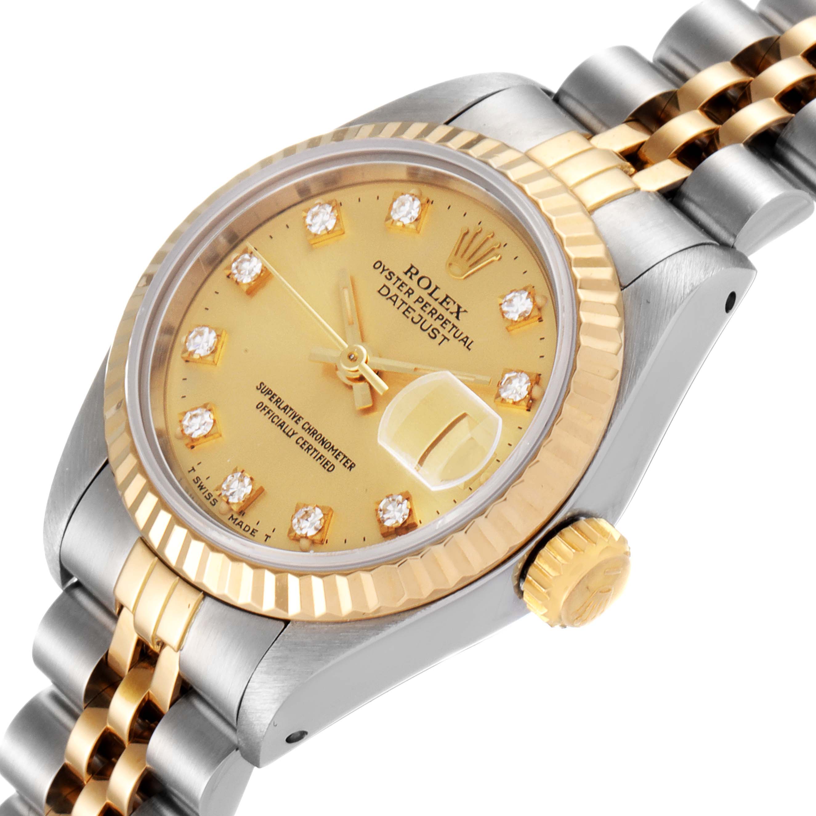 The Rolex Datejust 69173 Women
s Steel and Gold (two tone) Champagne Dial 69173 Women
s Steel and Gold (two tone) Champagne Dial watch is shown at an angle highlighting the face, bezel, bracelet, and crown.