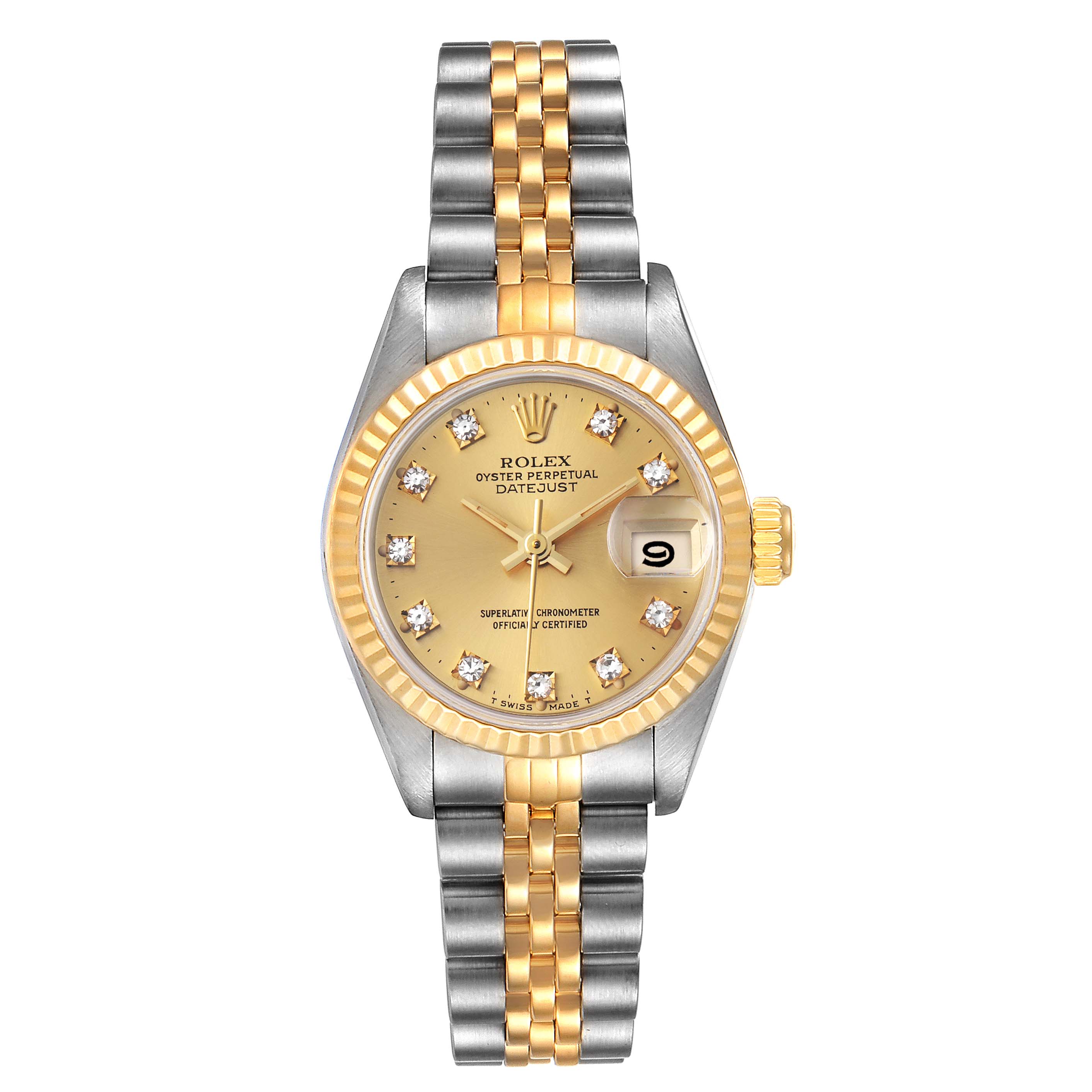 The image shows a front view of the Rolex Datejust 69173 Women
s Steel and Gold (two tone) Champagne Dial 69173 Women
s Steel and Gold (two tone) Champagne Dial watch, displaying its face, bezel, and two-tone bracelet.