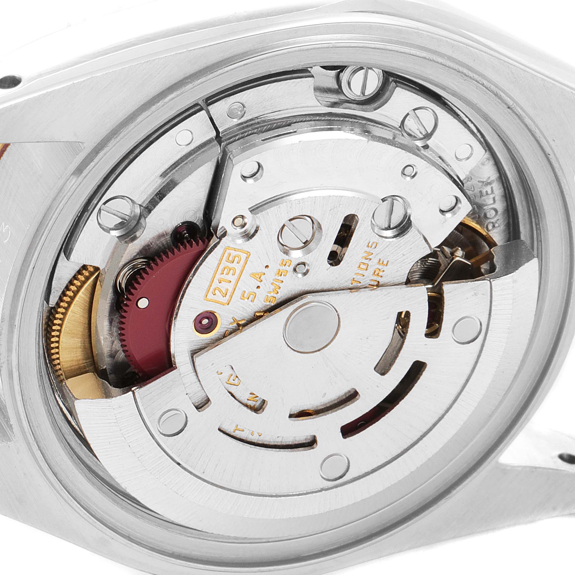 This image shows a close-up of the movement and inner mechanism of a Rolex Datejust 69173 Women
s Steel and Gold (two tone) Champagne Dial 69173 Women
s Steel and Gold (two tone) Champagne Dial watch.