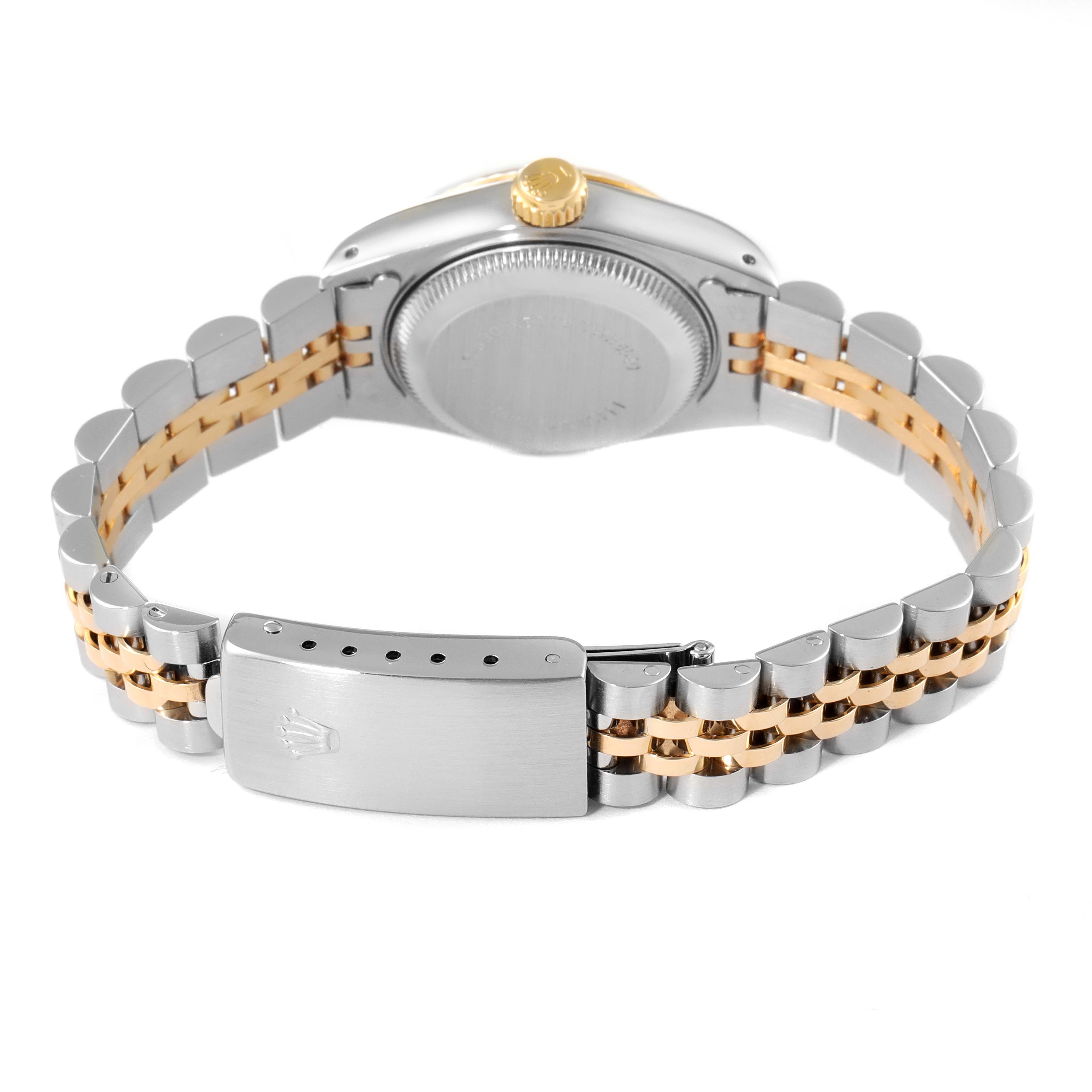 The image shows the back view of a Rolex Datejust 69173 Women
s Steel and Gold (two tone) Champagne Dial 69173 Women
s Steel and Gold (two tone) Champagne Dial watch, highlighting the clasp, bracelet, and case back.