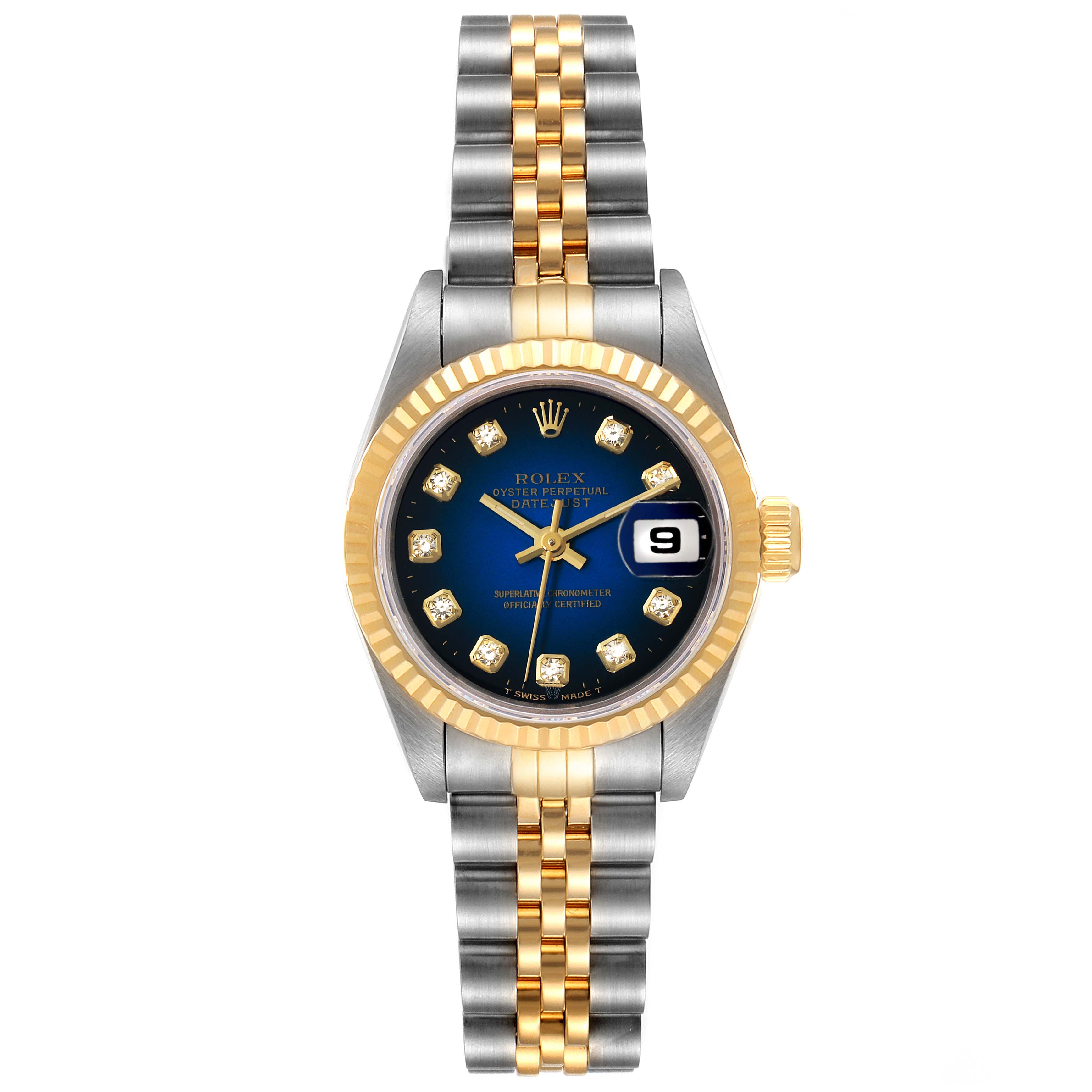 The image shows a front view of a Rolex Datejust 69173 Women's Steel and Gold (two tone) Blue Dial 69173 Women's Steel and Gold (two tone) Blue Dial watch, featuring a two-tone bracelet, blue dial, and date window.