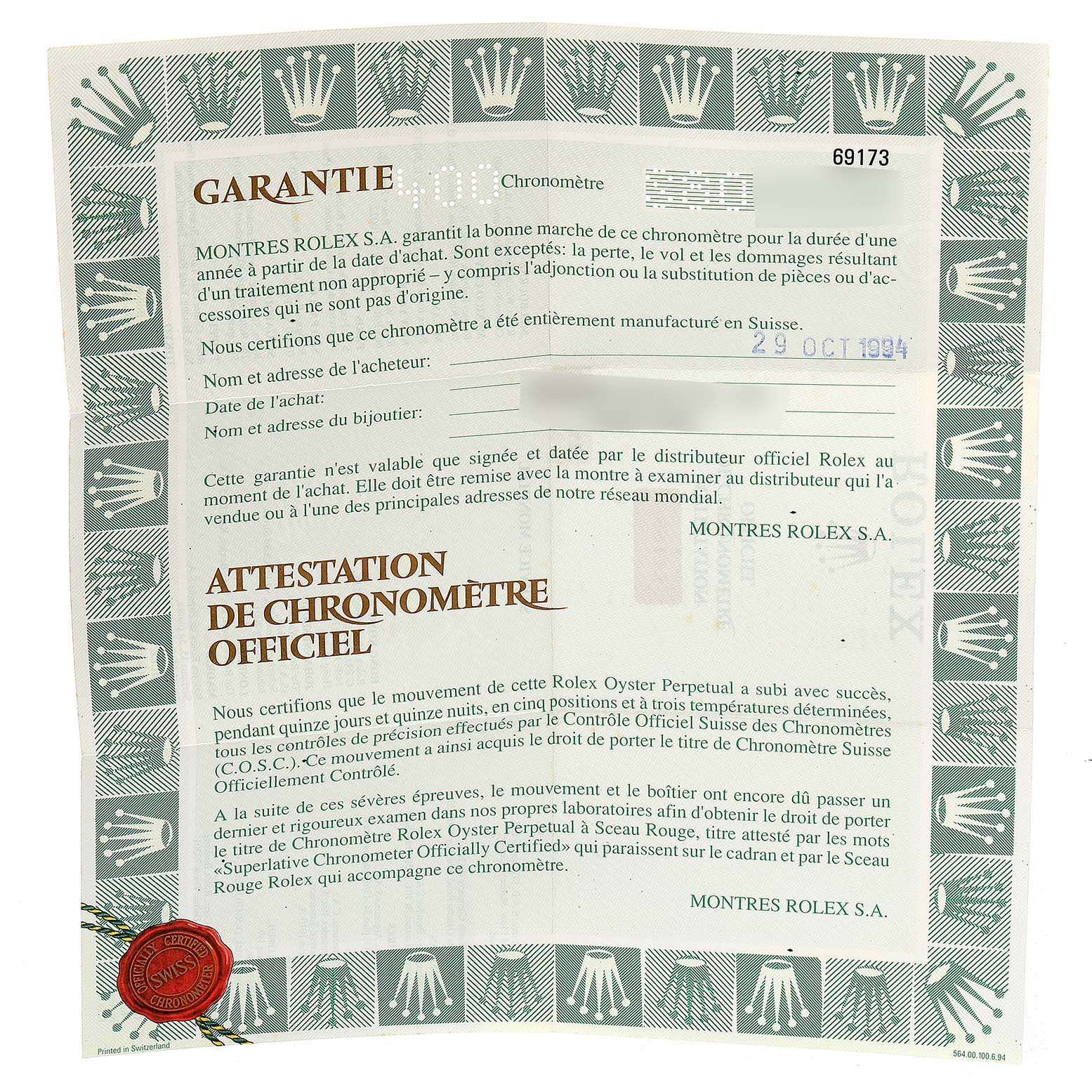 This image shows a warranty certificate and official chronometer certification for a Rolex Datejust 69173 Women
s Steel and Gold (two tone) Champagne Dial 69173 Women
s Steel and Gold (two tone) Champagne Dial model watch.