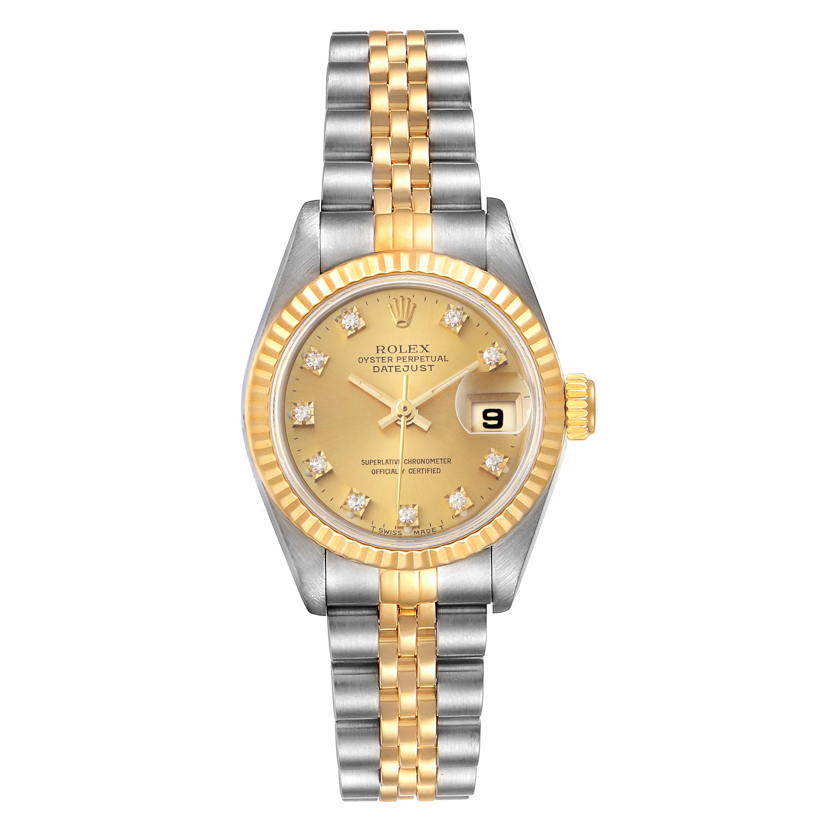 This image shows a front view of a Rolex Datejust 69173 Women
s Steel and Gold (two tone) Champagne Dial 69173 Women
s Steel and Gold (two tone) Champagne Dial watch with its full face, dial, and bracelet visible.