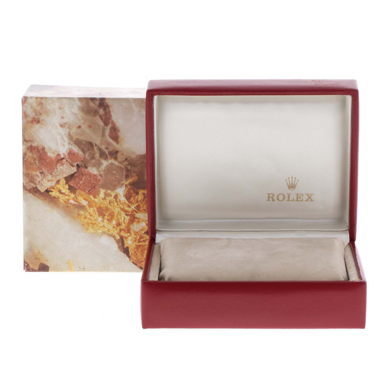 The image shows an open Rolex Datejust 69173 Women
s Steel and Gold (two tone) Champagne Dial 69173 Women
s Steel and Gold (two tone) Champagne Dial watch box with a pillow inside, alongside a decorative outer box.