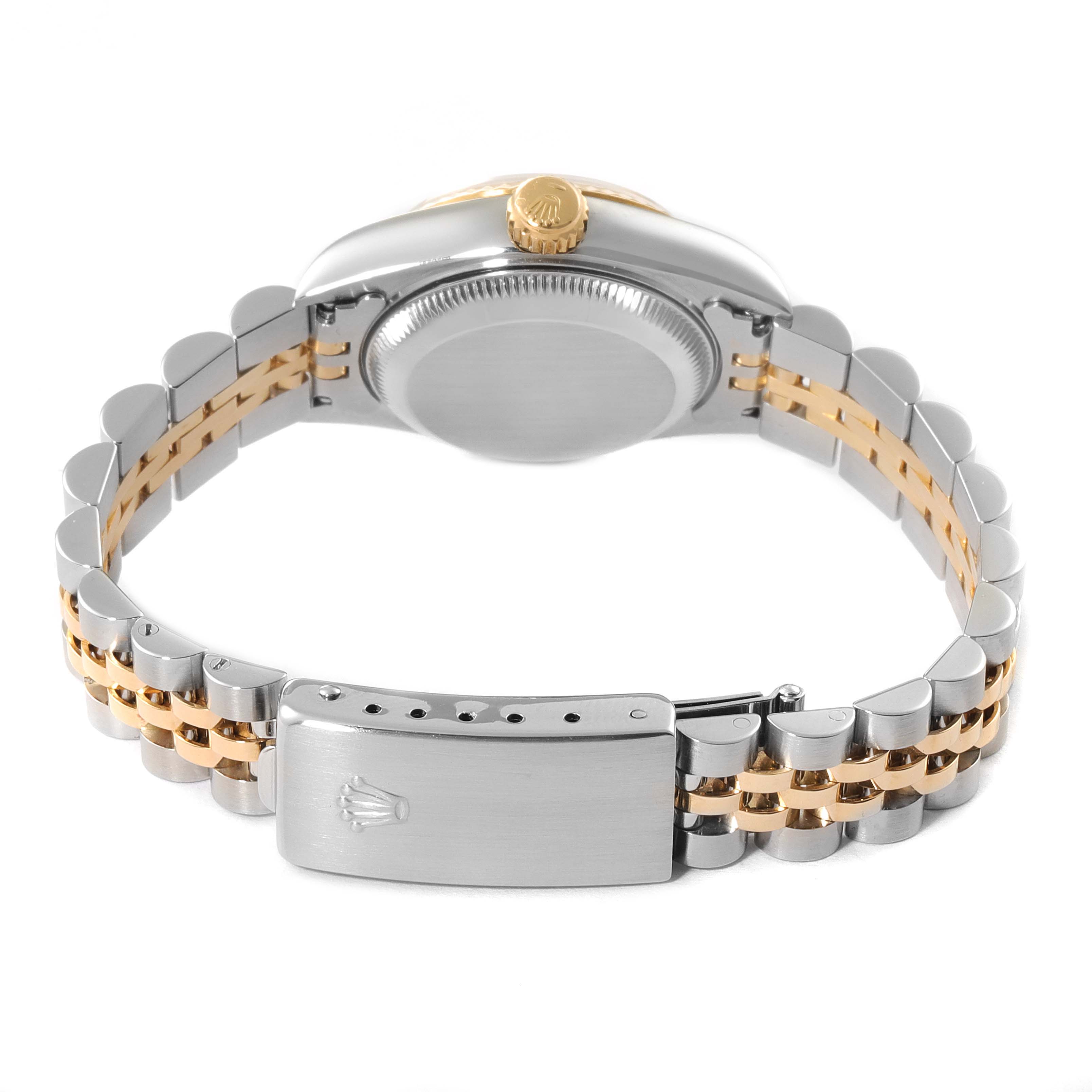 The image shows the back view of a Rolex Datejust 69173 Women
s Steel and Gold (two tone) Champagne Dial 69173 Women
s Steel and Gold (two tone) Champagne Dial watch, highlighting the case back, crown, and Jubilee bracelet with a clasp.