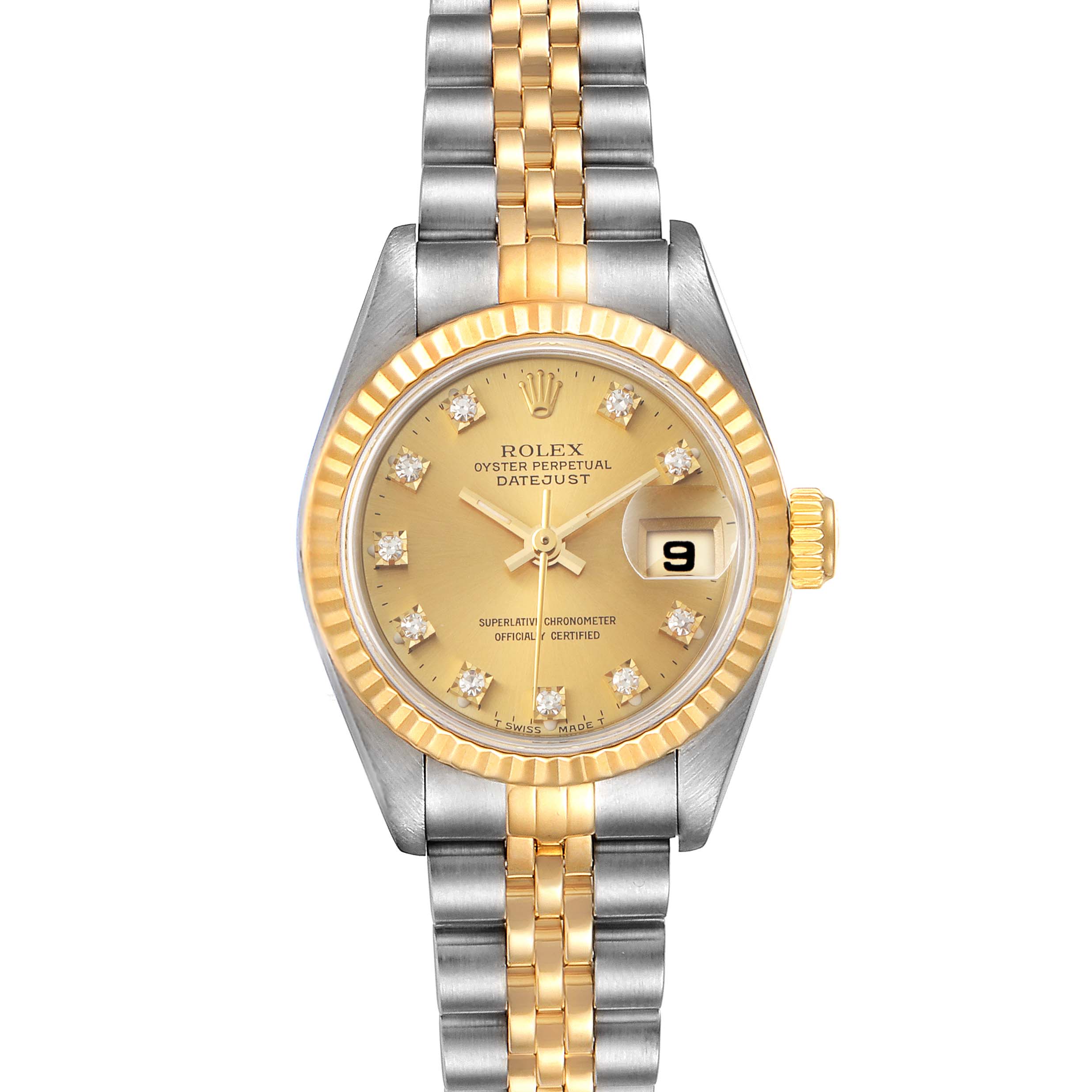 This image shows a front view of the Rolex Datejust 69173 Women
s Steel and Gold (two tone) Champagne Dial 69173 Women
s Steel and Gold (two tone) Champagne Dial watch, featuring its dial, bezel, and bracelet.