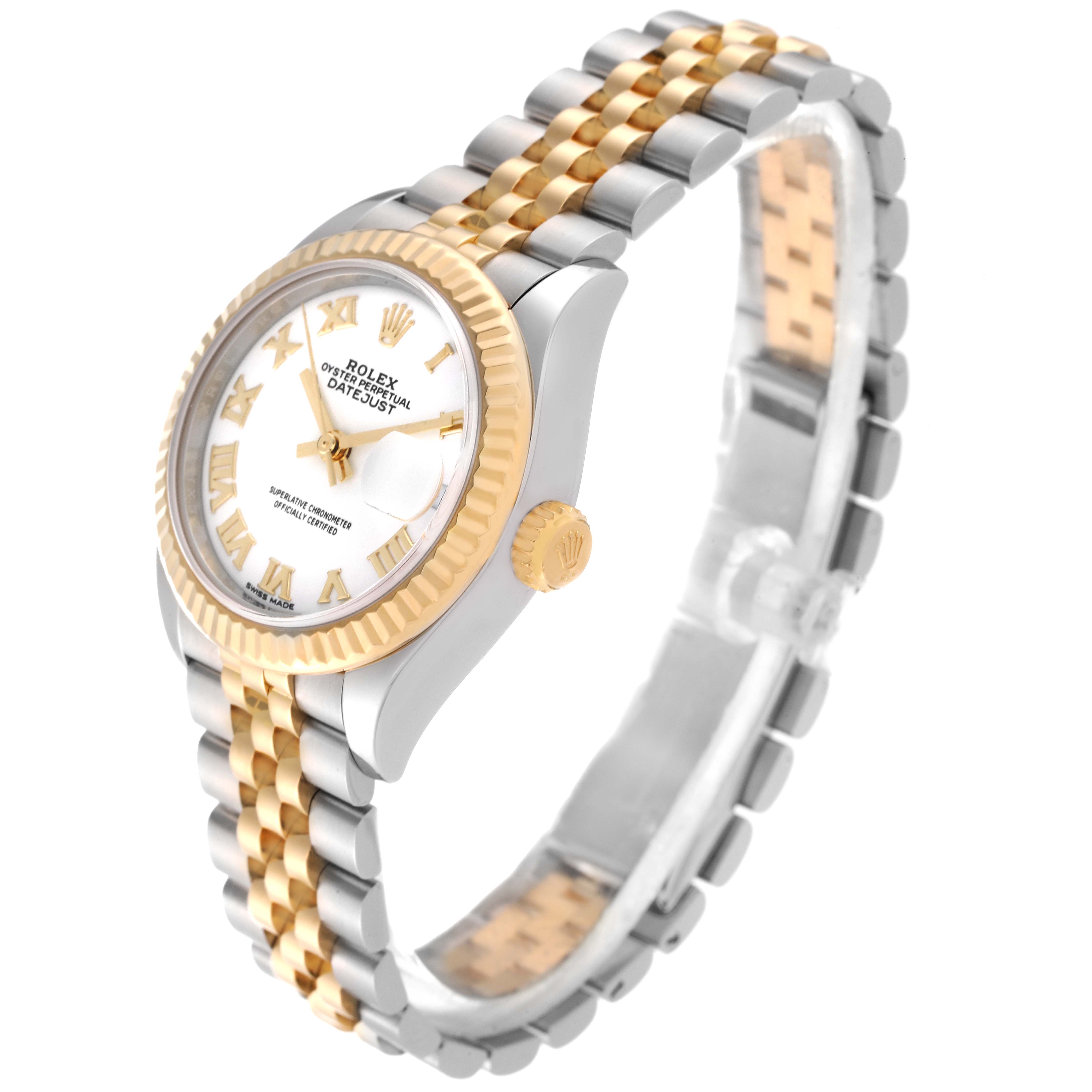 This image shows a side angled view of a Rolex Datejust 279173 Women's Steel and Gold (two tone) White Dial 279173 Women's Steel and Gold (two tone) White Dial watch, highlighting its two-tone bracelet, crown, and bezel.