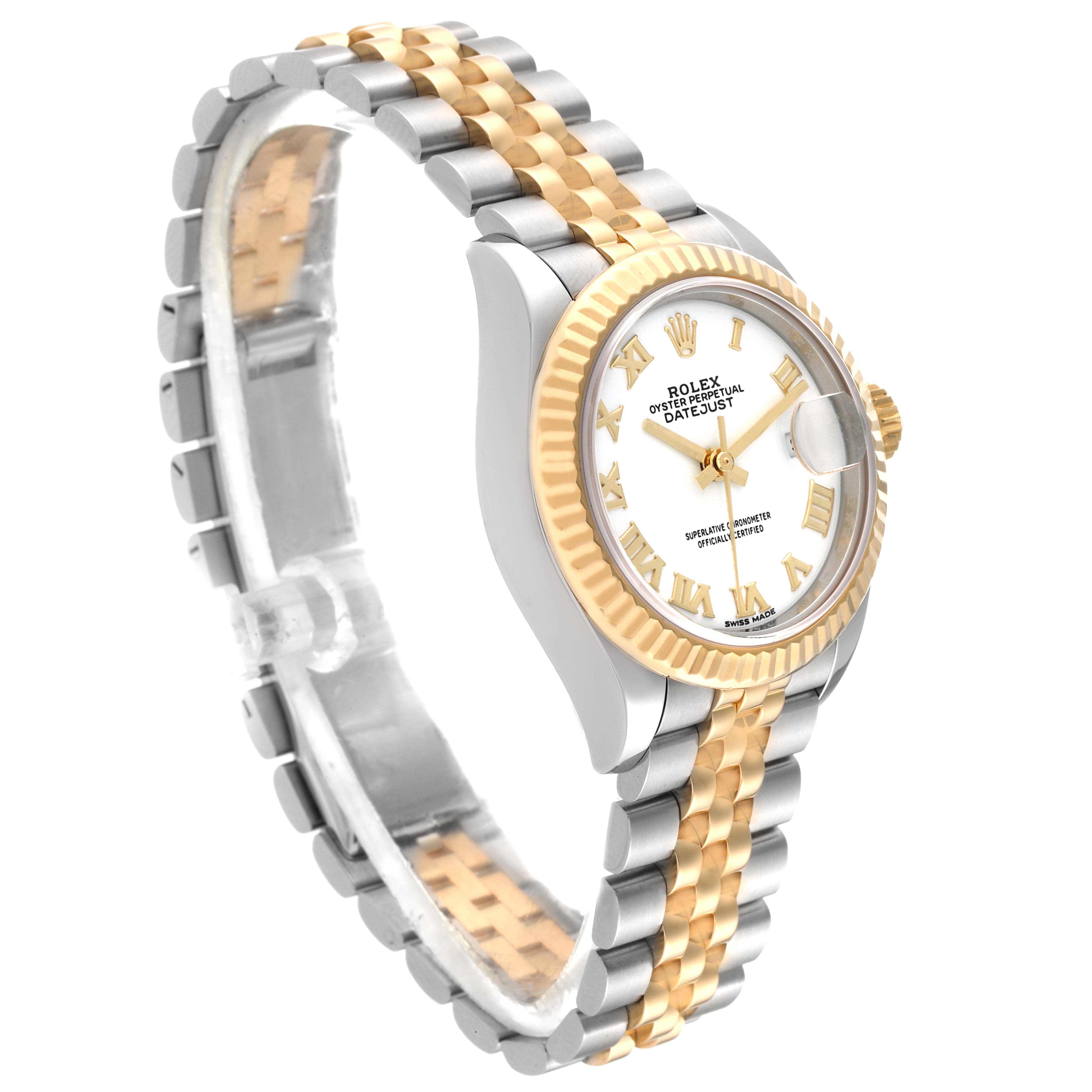 The image shows a Rolex Datejust 279173 Women's Steel and Gold (two tone) White Dial 279173 Women's Steel and Gold (two tone) White Dial watch at an angled side view, highlighting the face, bezel, and two-tone bracelet.