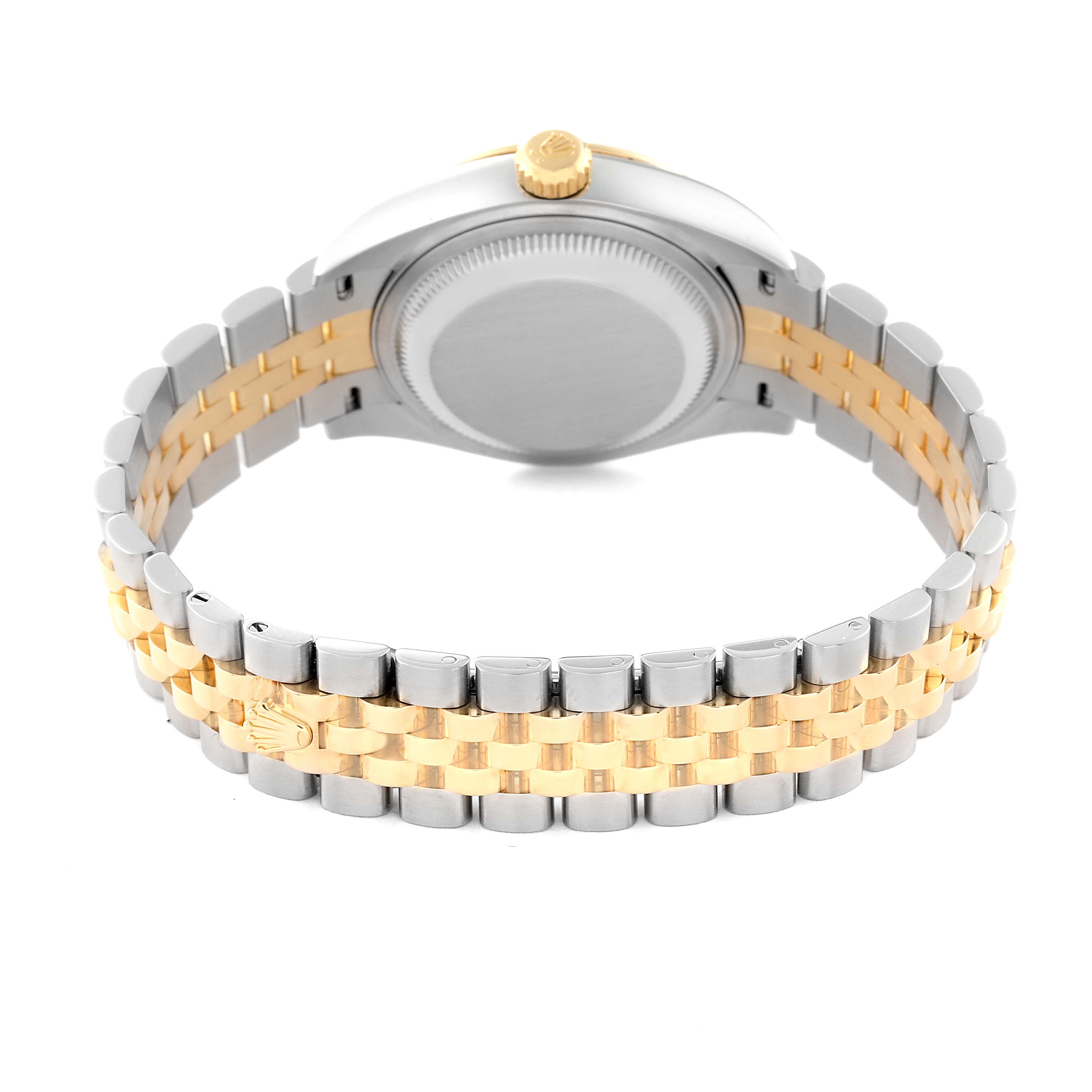This image shows the back and bracelet of a Rolex Datejust 279173 Women's Steel and Gold (two tone) White Dial 279173 Women's Steel and Gold (two tone) White Dial watch, emphasizing its two-tone metal design.