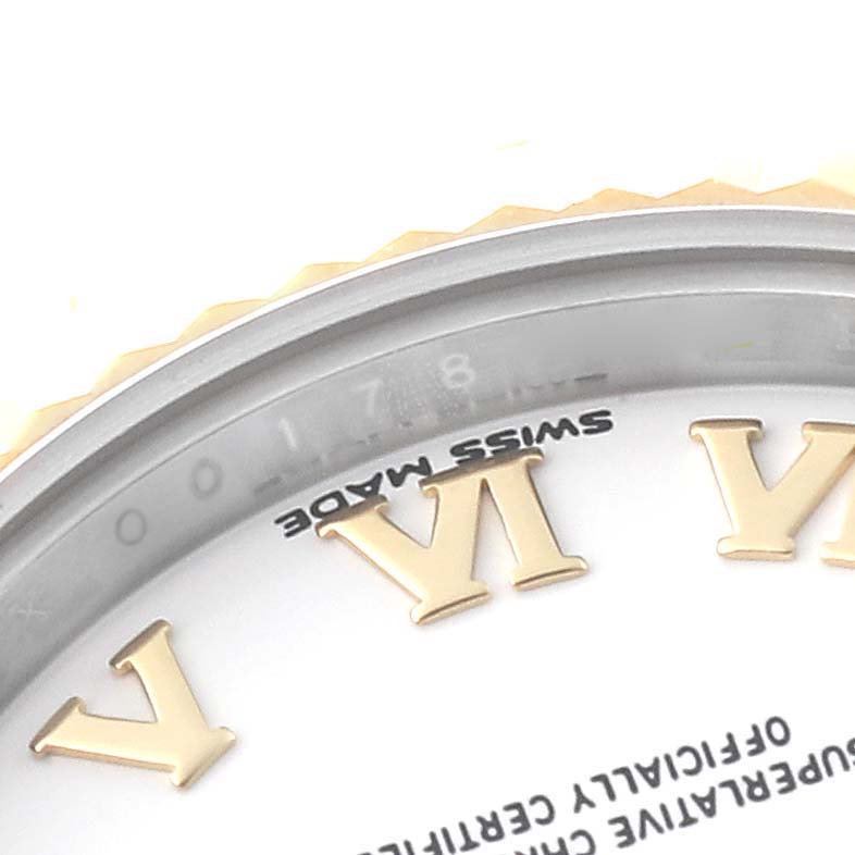 This close-up image shows part of the dial and Roman numerals of a Rolex Datejust 279173 Women's Steel and Gold (two tone) White Dial 279173 Women's Steel and Gold (two tone) White Dial watch.