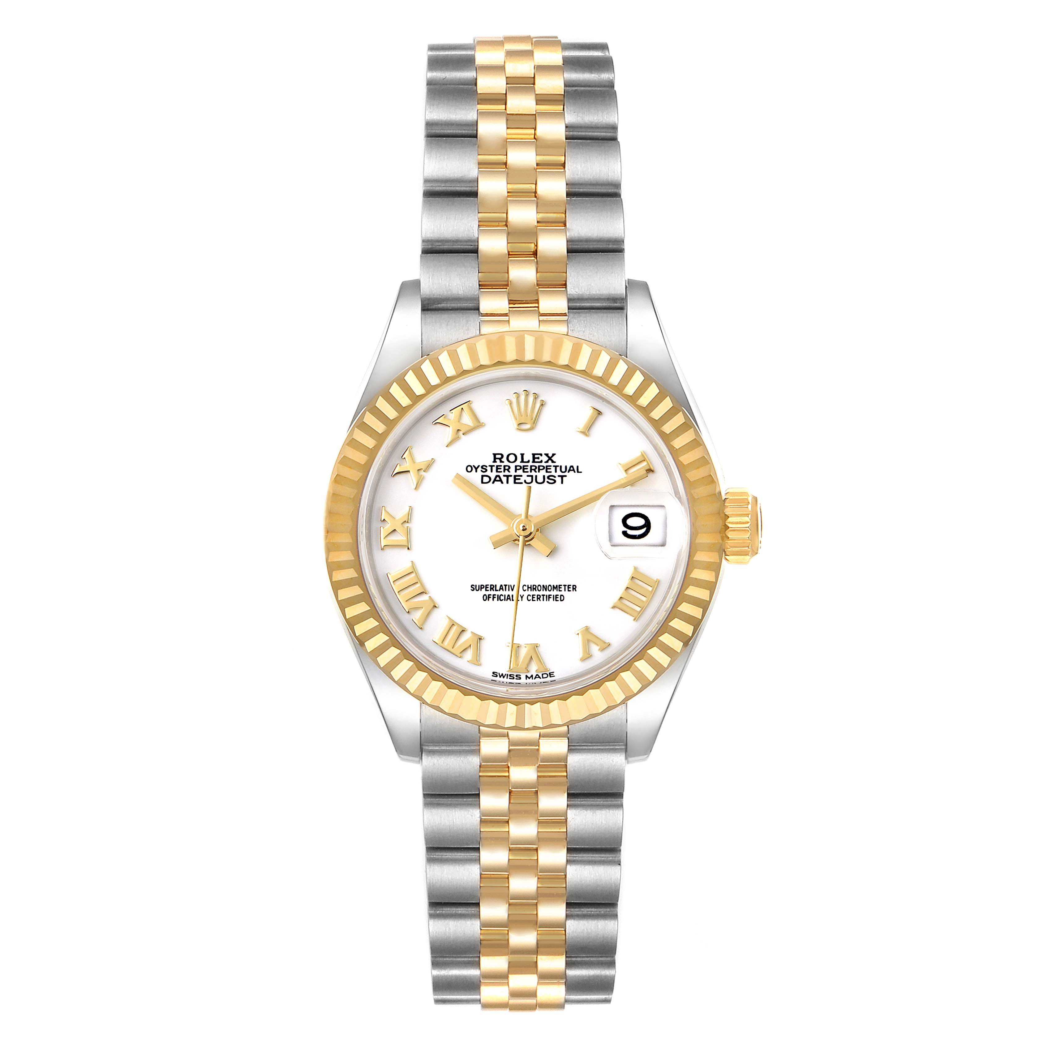 The image shows a front view of a Rolex Datejust 279173 Women's Steel and Gold (two tone) White Dial 279173 Women's Steel and Gold (two tone) White Dial watch with a two-tone gold and silver bracelet and a date display.