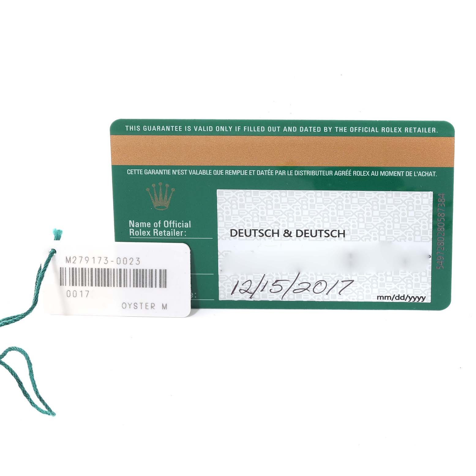 The image shows a warranty card and a tag for a Rolex Datejust 279173 Women's Steel and Gold (two tone) White Dial 279173 Women's Steel and Gold (two tone) White Dial model.