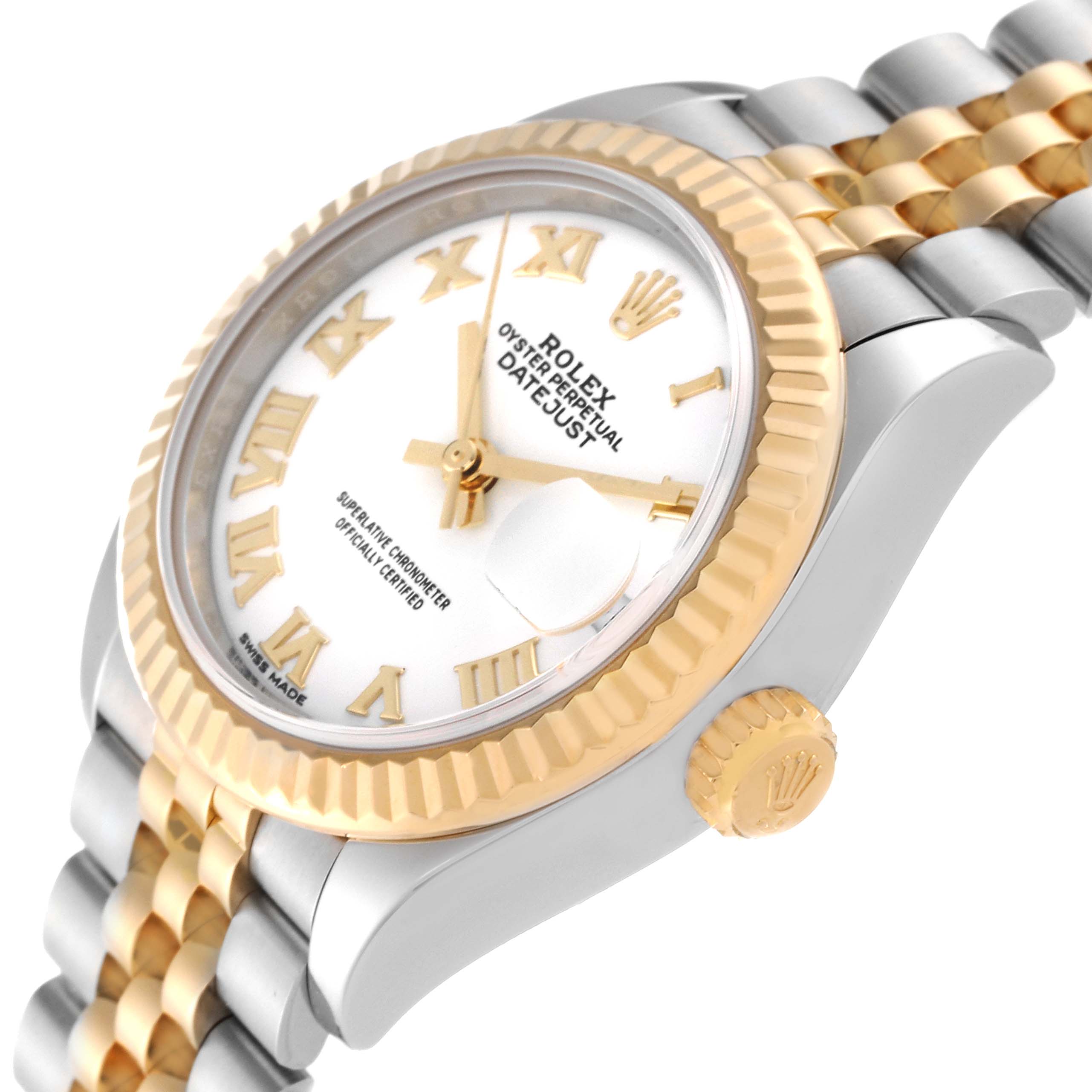 The image shows a Rolex Datejust 279173 Women's Steel and Gold (two tone) White Dial 279173 Women's Steel and Gold (two tone) White Dial watch angled to display the dial, bezel, and part of the bracelet.