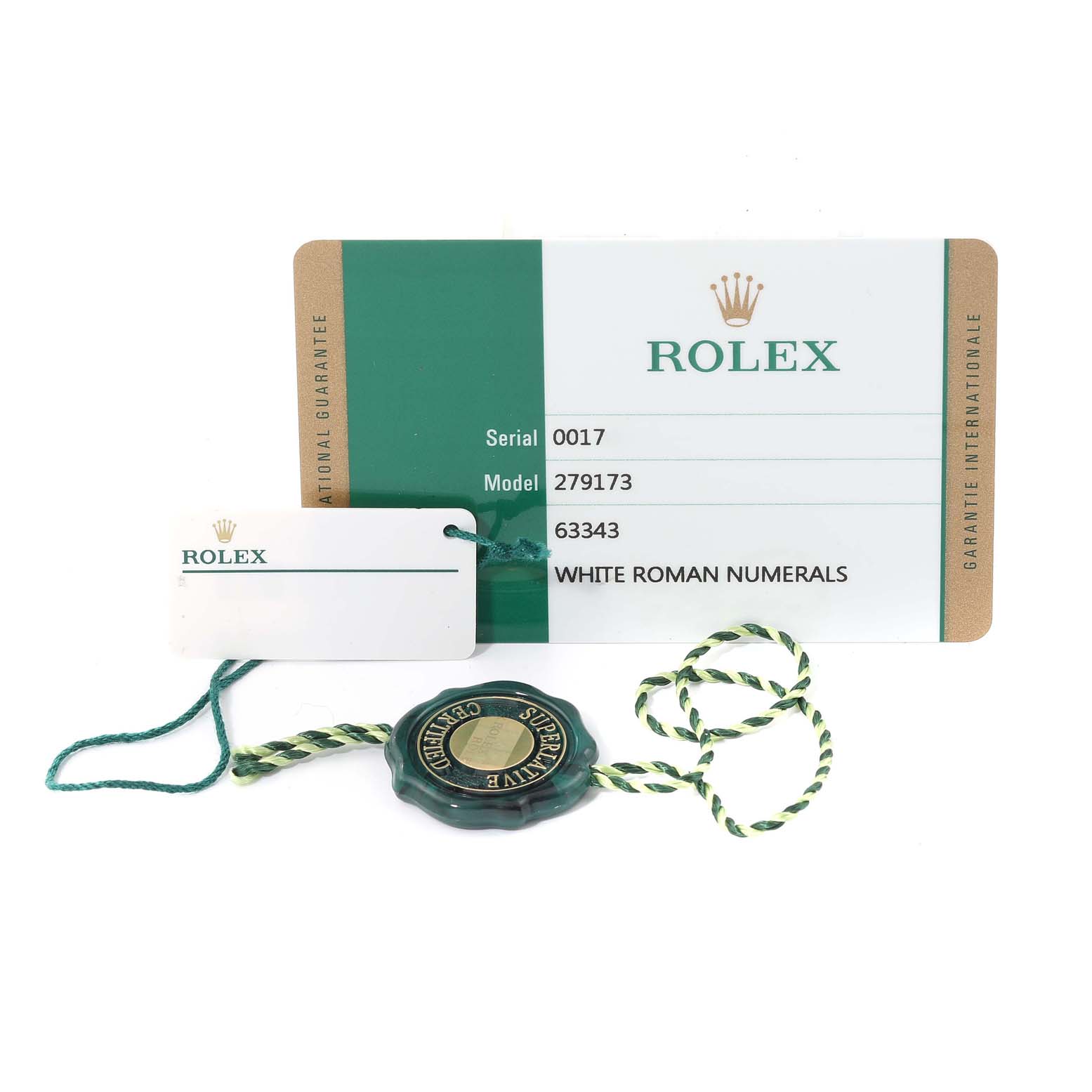 The image displays a warranty card and tags for a Rolex Datejust 279173 Women's Steel and Gold (two tone) White Dial 279173 Women's Steel and Gold (two tone) White Dial model.