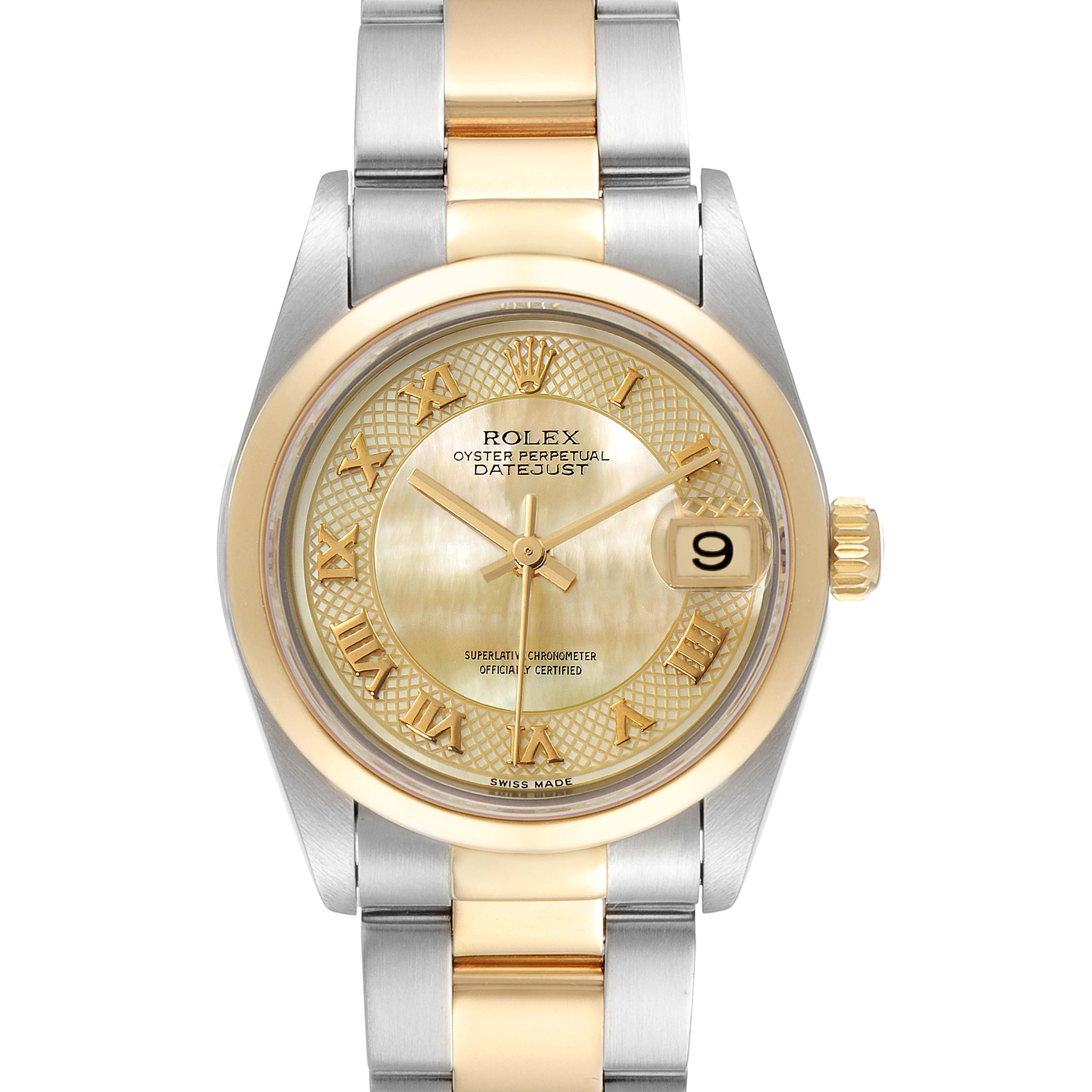 This image shows a frontal view of a Rolex Mid-Size 78243 Women's Steel and Gold (two tone) Mother of Pearl Dial 78243 Women's Steel and Gold (two tone) Mother of Pearl Dial Oyster Perpetual Datejust watch with a gold and silver bracelet and a gold dial.