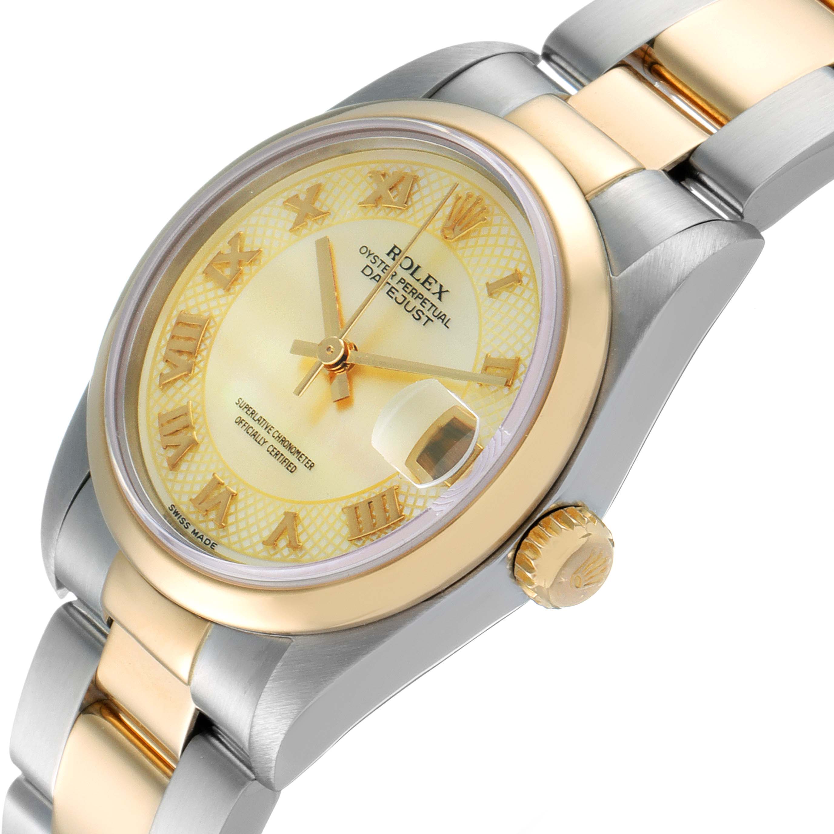 The Rolex Mid-Size 78243 Women's Steel and Gold (two tone) Mother of Pearl Dial 78243 Women's Steel and Gold (two tone) Mother of Pearl Dial watch is shown at an angle highlighting the dial, crown, and part of the bracelet.