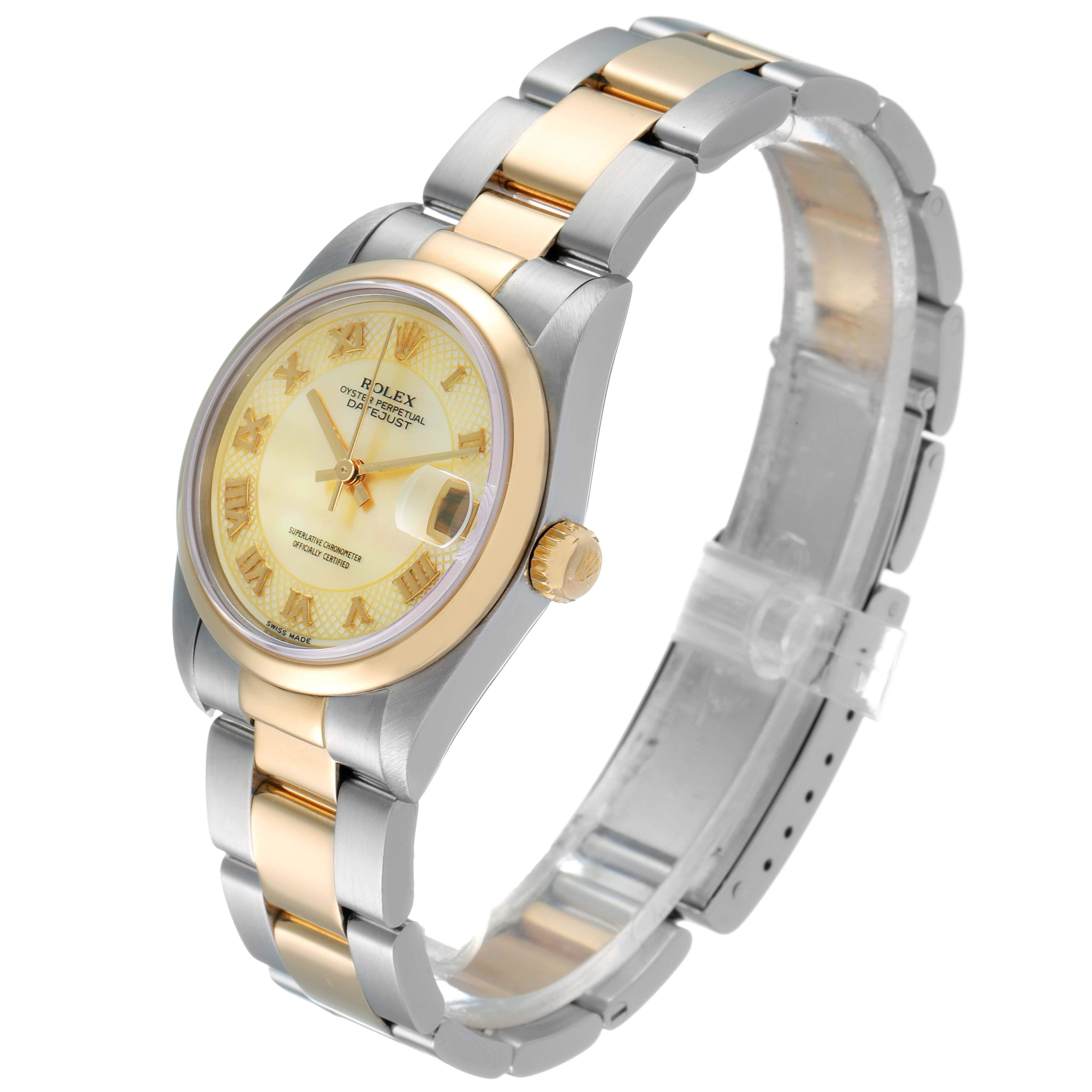 The image shows a Rolex Mid-Size 78243 Women's Steel and Gold (two tone) Mother of Pearl Dial 78243 Women's Steel and Gold (two tone) Mother of Pearl Dial model watch from an oblique angle, highlighting the face, bezel, crown, and bicolor bracelet.