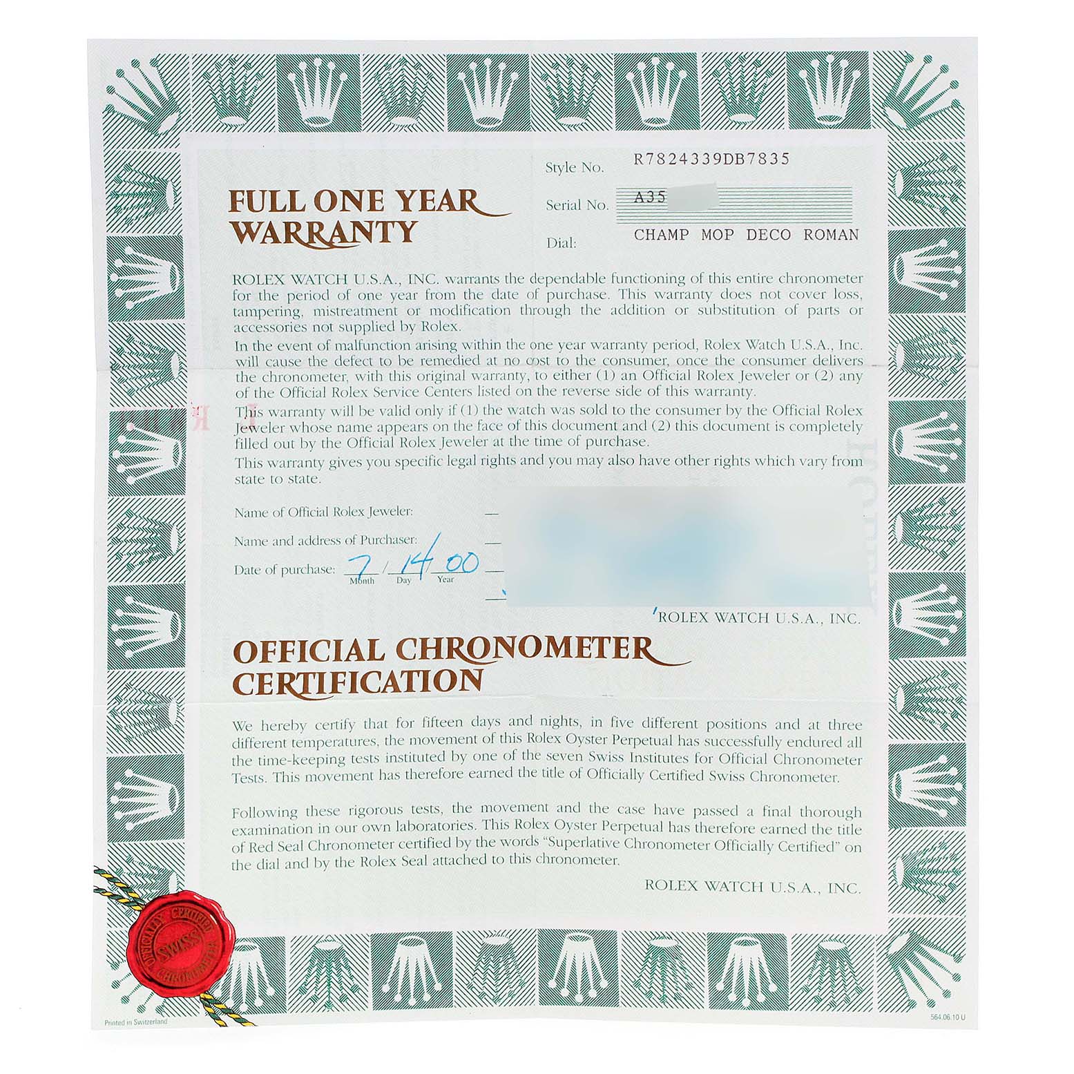 The image shows a warranty and certification document for a Mid-Size Rolex watch, with text and a decorative border.