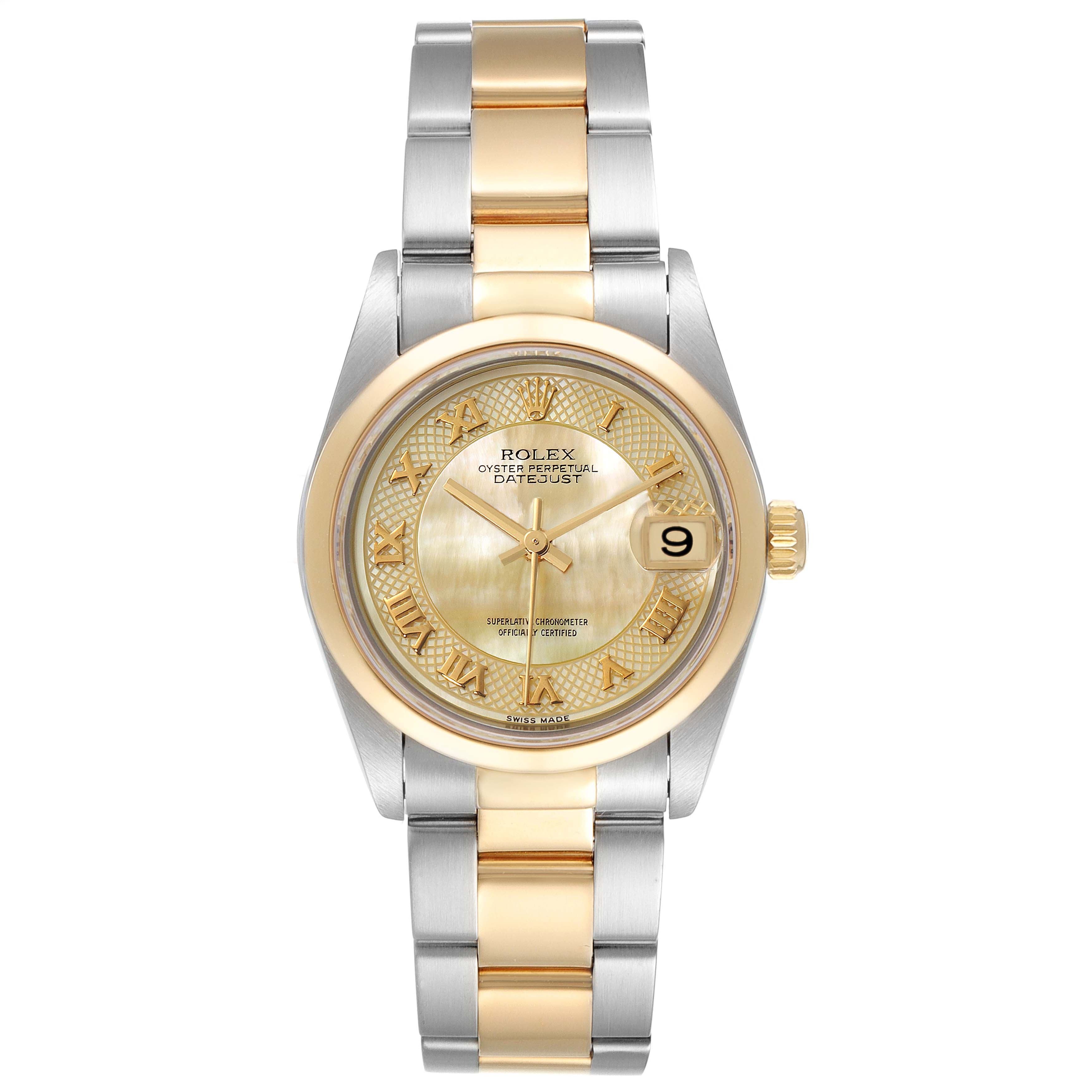 The image shows a front view of the Rolex Mid-Size 78243 Women's Steel and Gold (two tone) Mother of Pearl Dial 78243 Women's Steel and Gold (two tone) Mother of Pearl Dial Oyster Perpetual Datejust watch, including the dial, bezel, and bracelet.