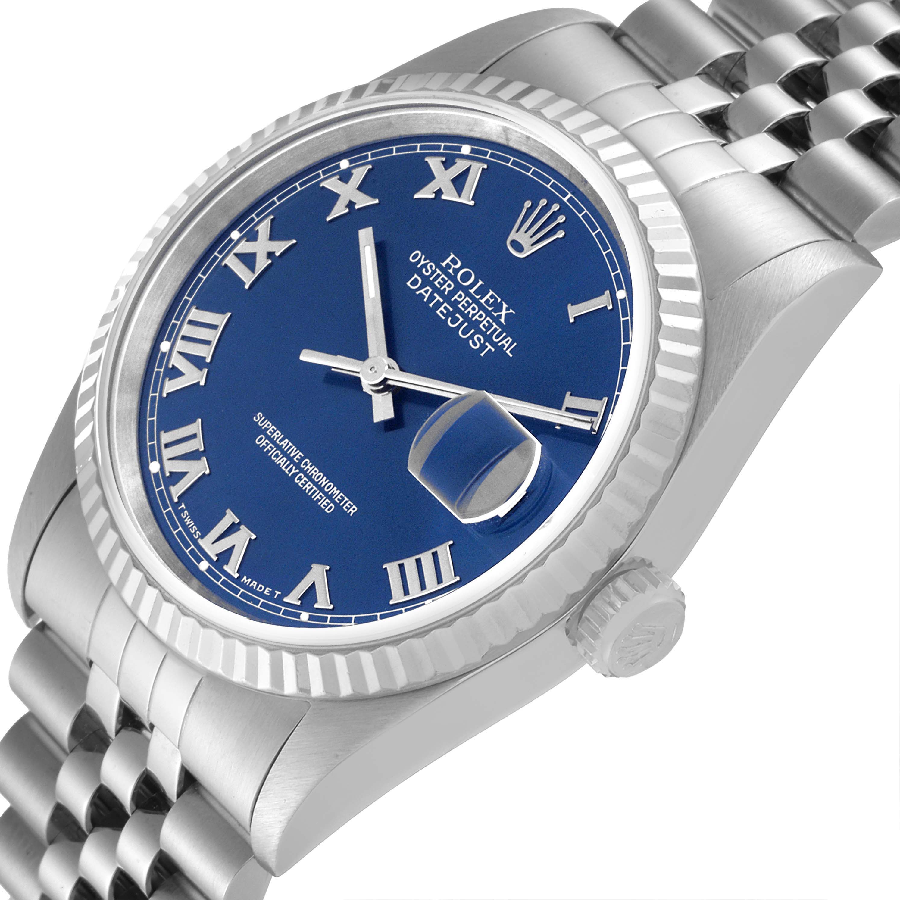 This image shows a close-up, angled view of the Rolex Datejust 16234 Men's Stainless Steel Blue Dial 16234 Men's Stainless Steel Blue Dial watch, highlighting the blue dial, Roman numerals, and bracelet.