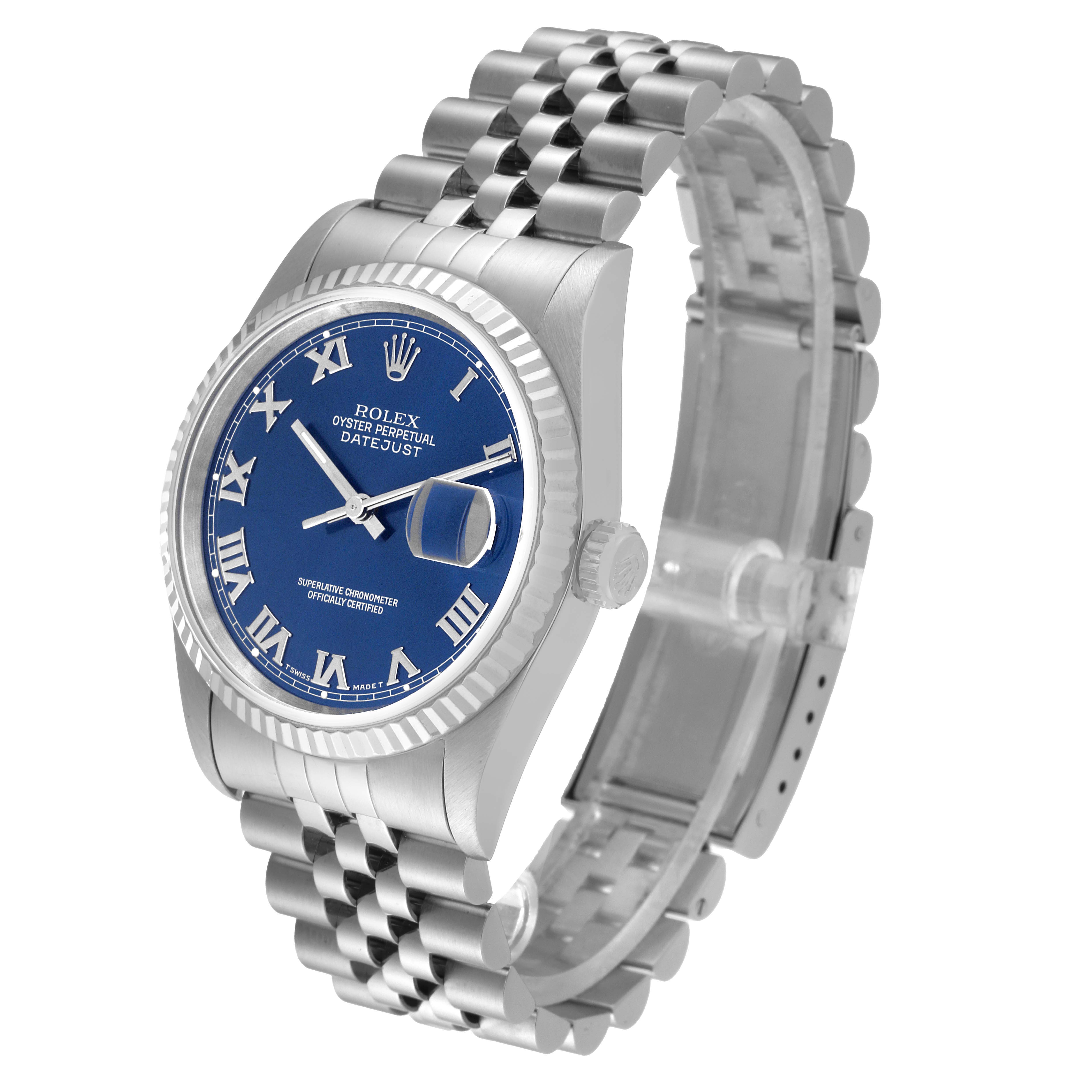 The image shows the front and right side of a Rolex Datejust 16234 Men's Stainless Steel Blue Dial 16234 Men's Stainless Steel Blue Dial watch with a blue dial and jubilee bracelet.
