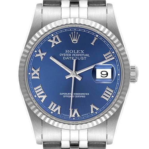 This image shows a front view of a Rolex Datejust watch with a blue dial, Roman numerals, and a date display.