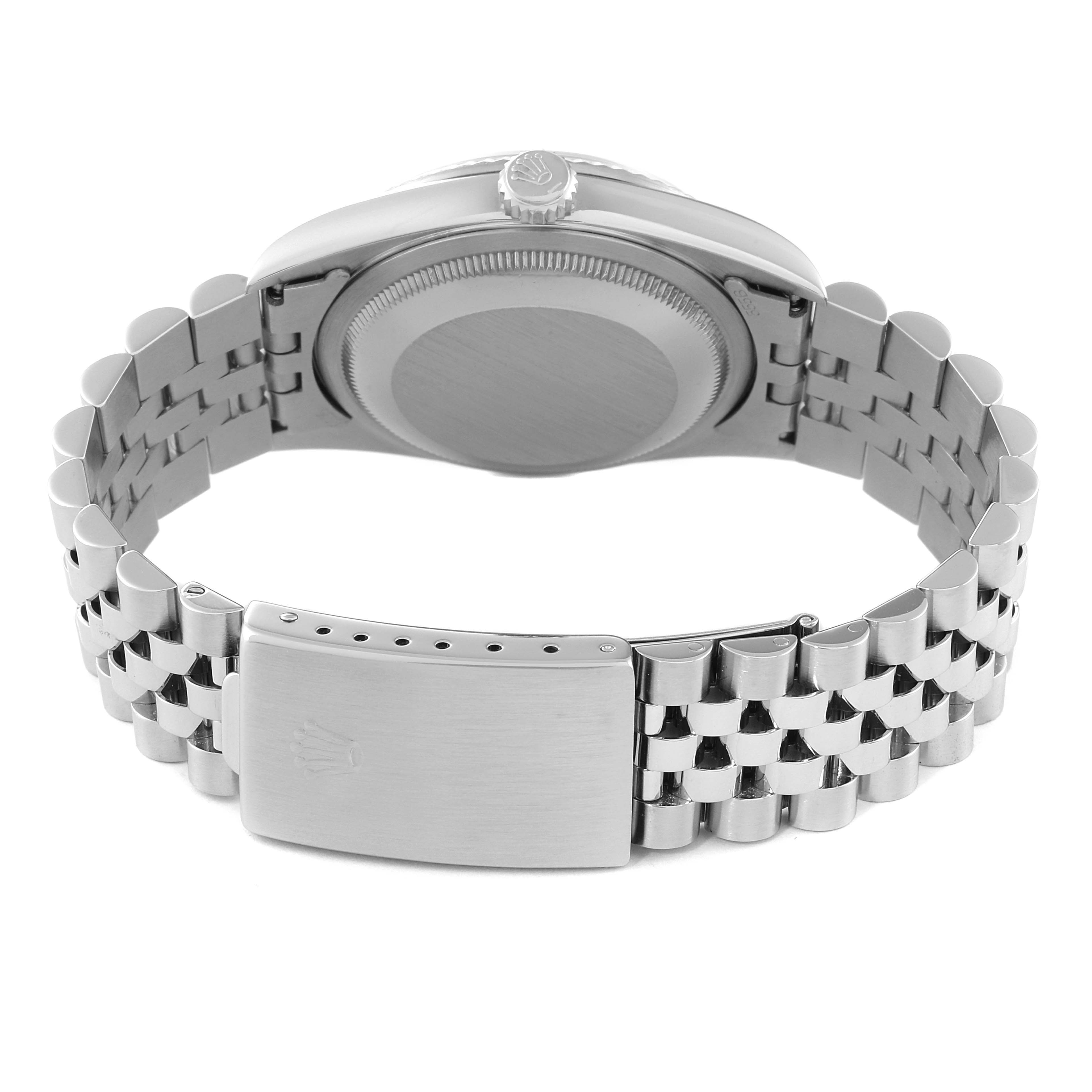 This image shows the back side of a Rolex Datejust 16234 Men's Stainless Steel Blue Dial 16234 Men's Stainless Steel Blue Dial watch, highlighting the case back and bracelet with clasp.