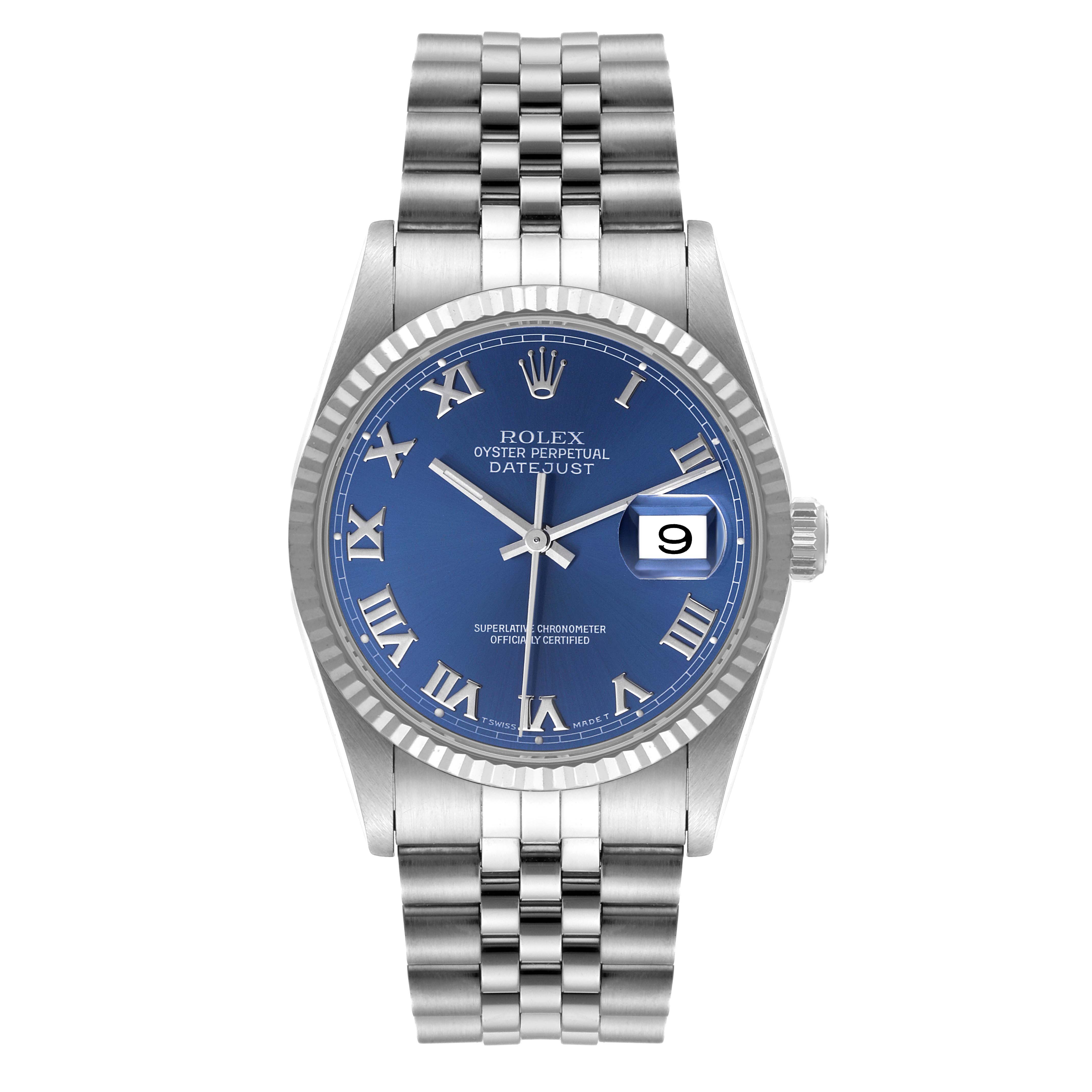 This image shows a Rolex Datejust 16234 Men's Stainless Steel Blue Dial 16234 Men's Stainless Steel Blue Dial watch in a frontal view, featuring a blue dial, Roman numerals, fluted bezel, and Jubilee bracelet.
