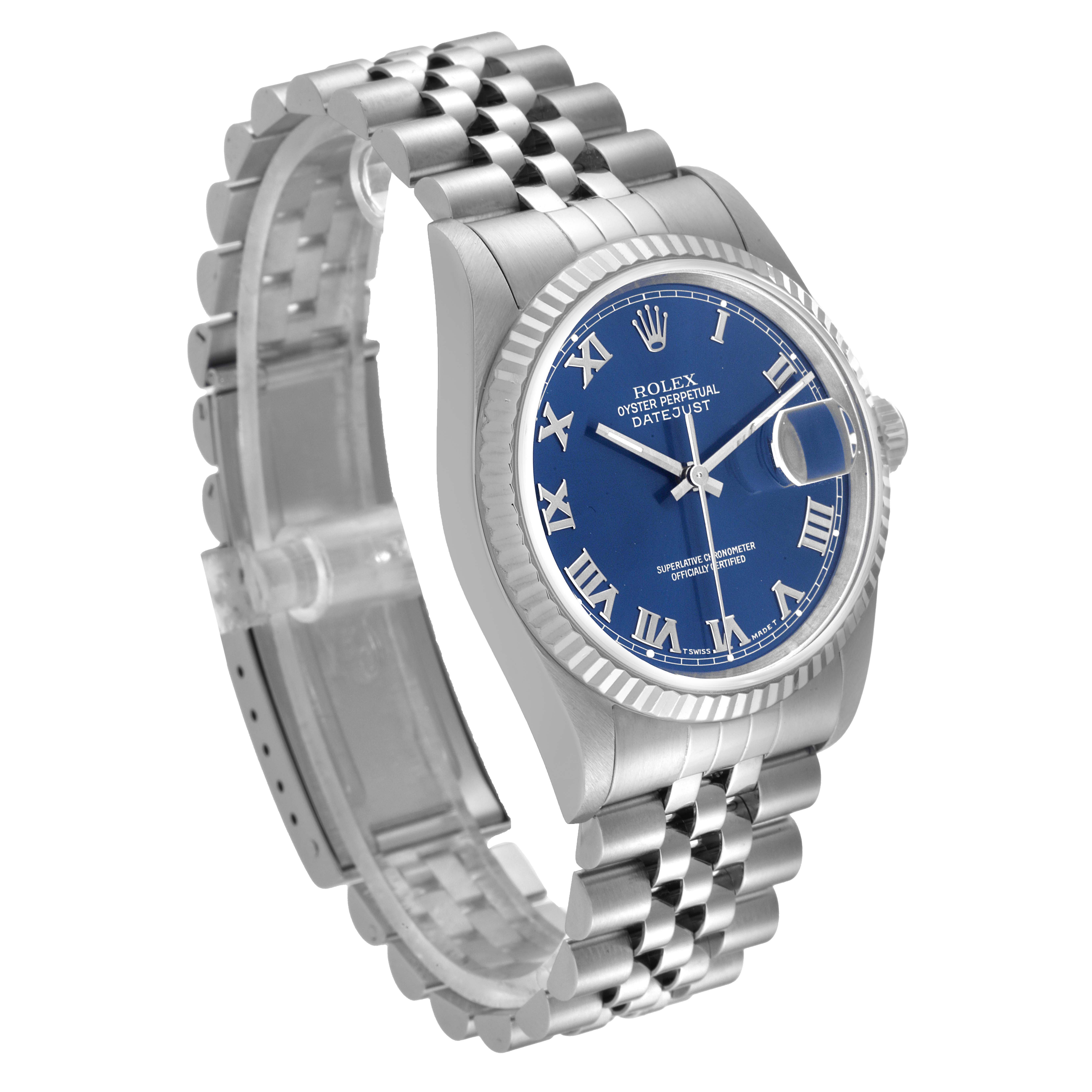 The Rolex Datejust 16234 Men's Stainless Steel Blue Dial 16234 Men's Stainless Steel Blue Dial watch is shown at a slight angle, highlighting the face, bezel, case, and Jubilee bracelet.