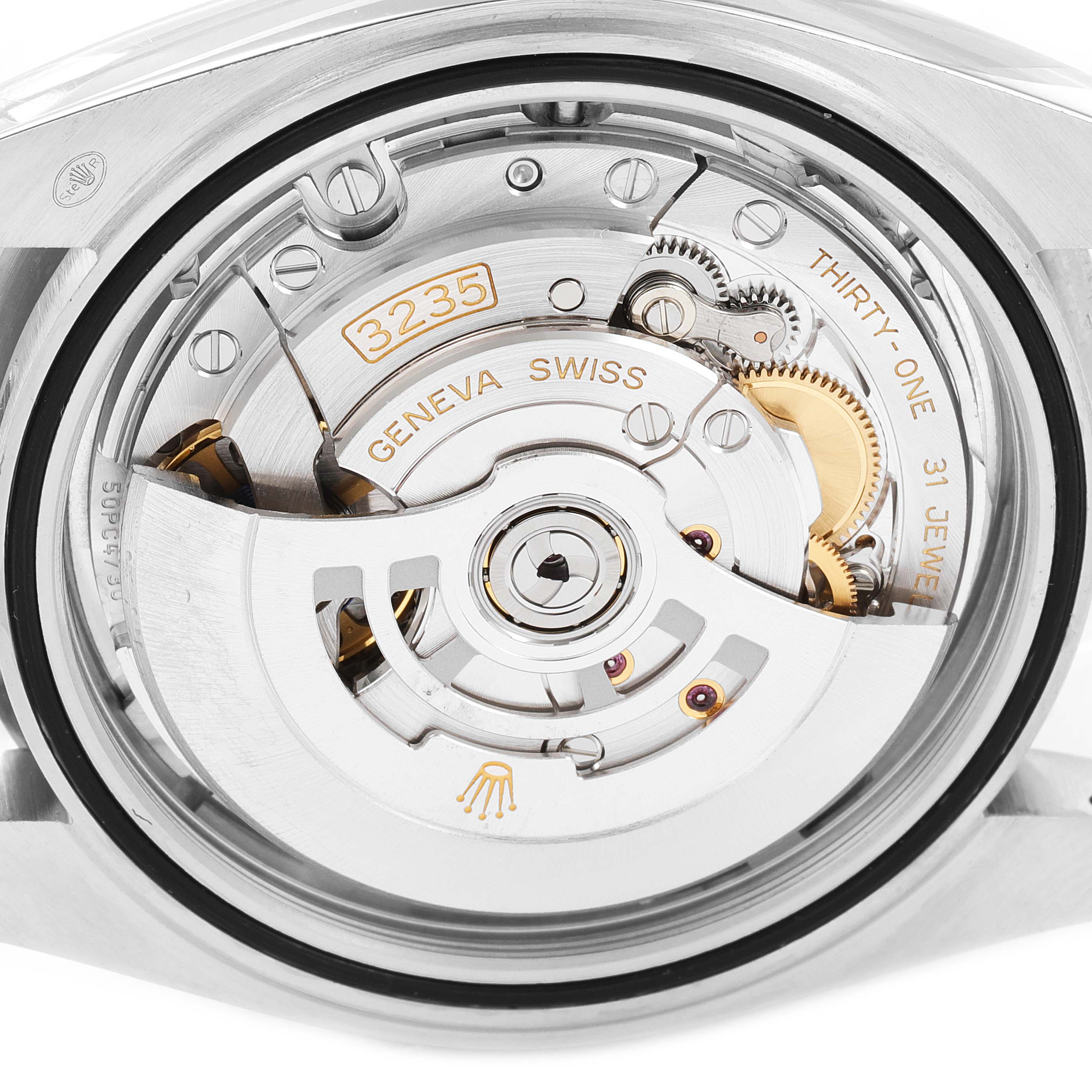 This image shows the back view of the Rolex Datejust 41 126334 Men
s Stainless Steel Silver Dial 126334 Men
s Stainless Steel Silver Dial watch, highlighting its movement mechanism and components.