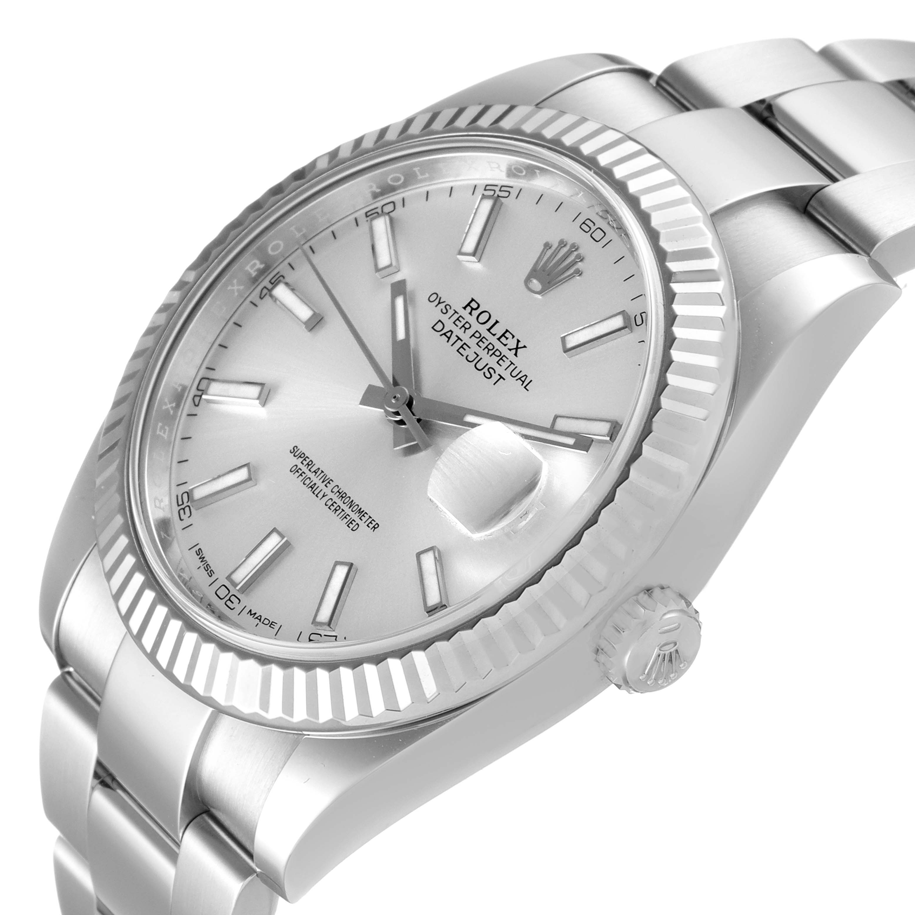 The image shows a Rolex Datejust 41 126334 Men
s Stainless Steel Silver Dial 126334 Men
s Stainless Steel Silver Dial watch from a side angle, highlighting its dial, bezel, crown, and bracelet.