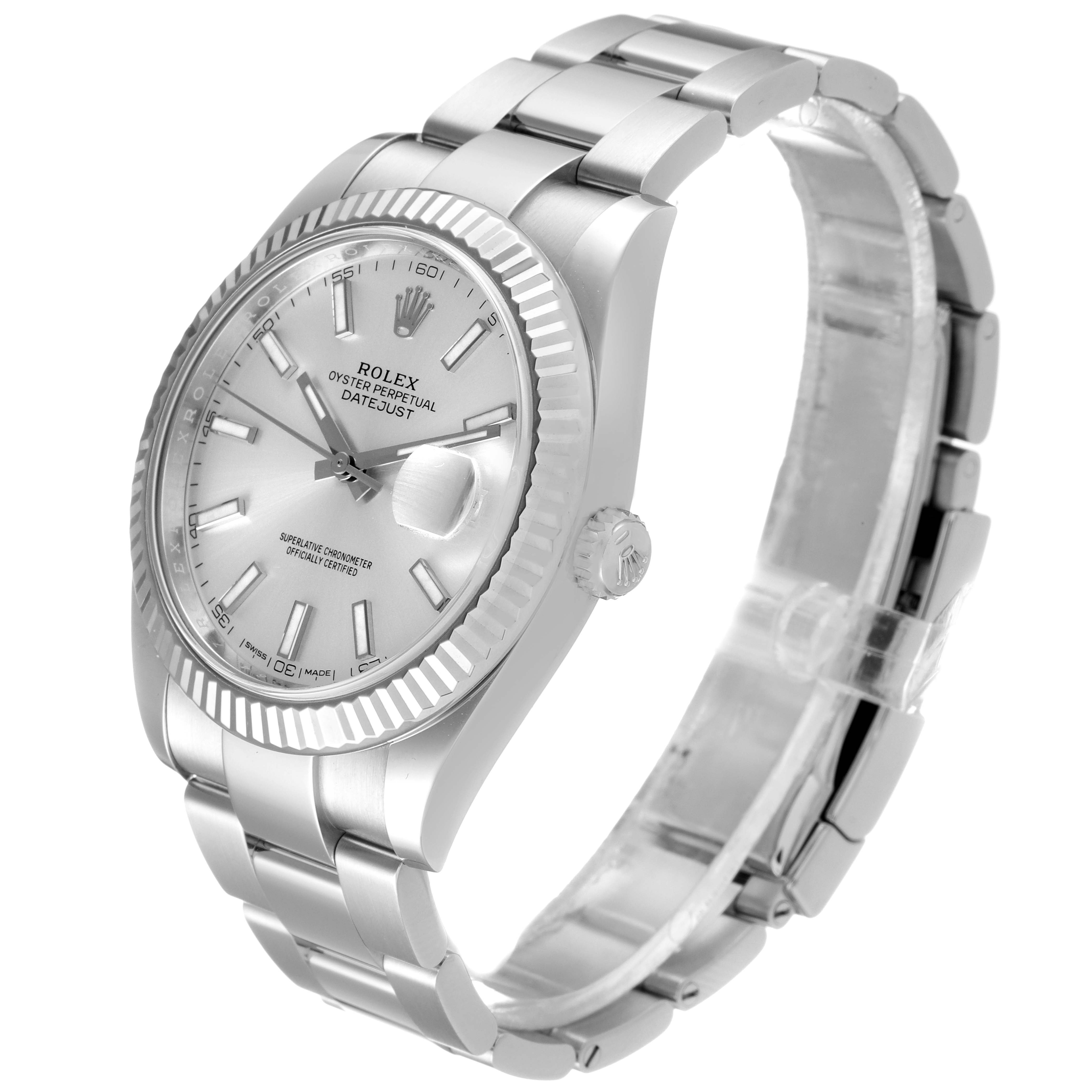 The image shows a Rolex Datejust 41 126334 Men
s Stainless Steel Silver Dial 126334 Men
s Stainless Steel Silver Dial watch at a slight angle, displaying the face, bezel, crown, and a portion of the bracelet.