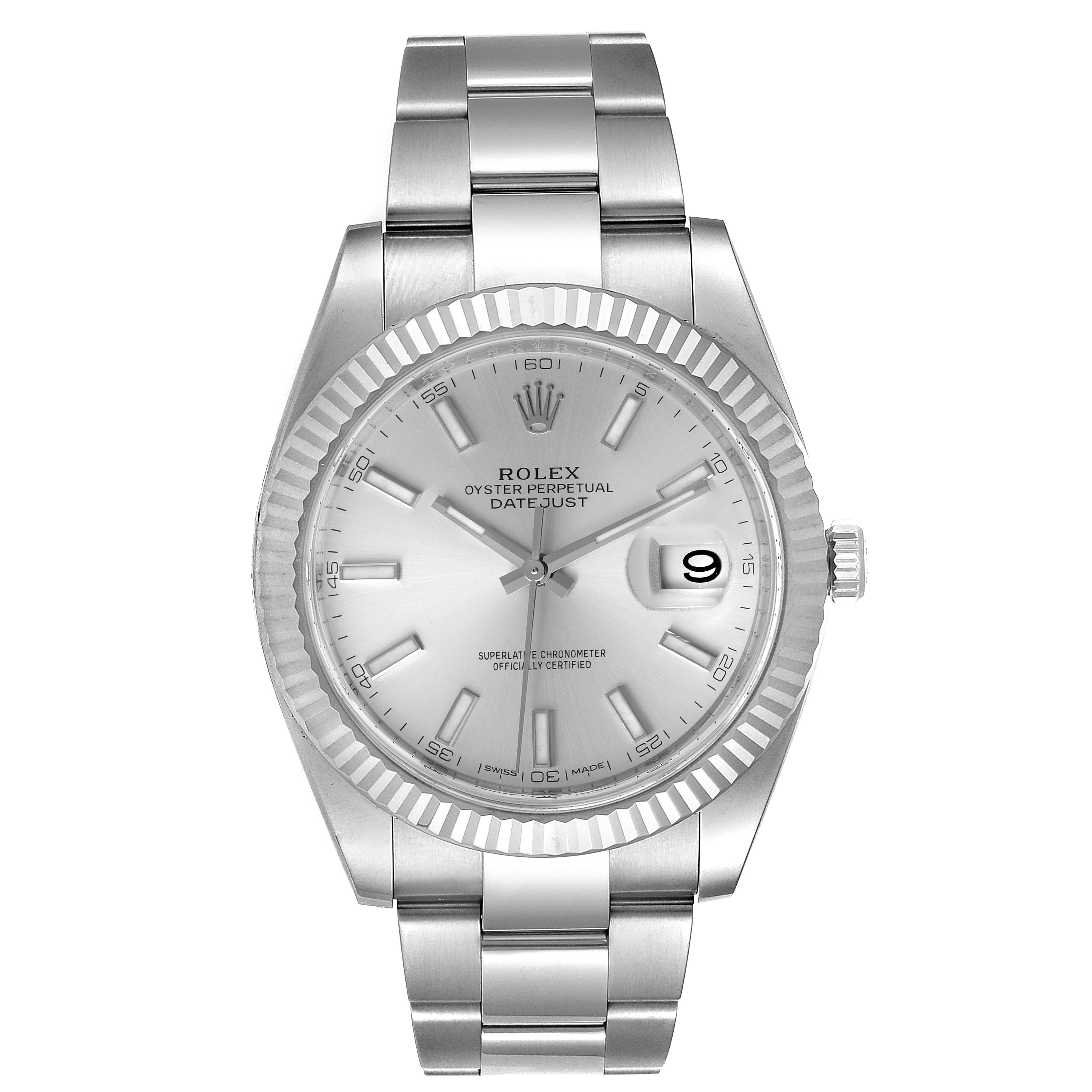The Rolex Datejust 41 126334 Men
s Stainless Steel Silver Dial 126334 Men
s Stainless Steel Silver Dial watch is shown from the front, displaying the dial, hands, date window, and bracelet.