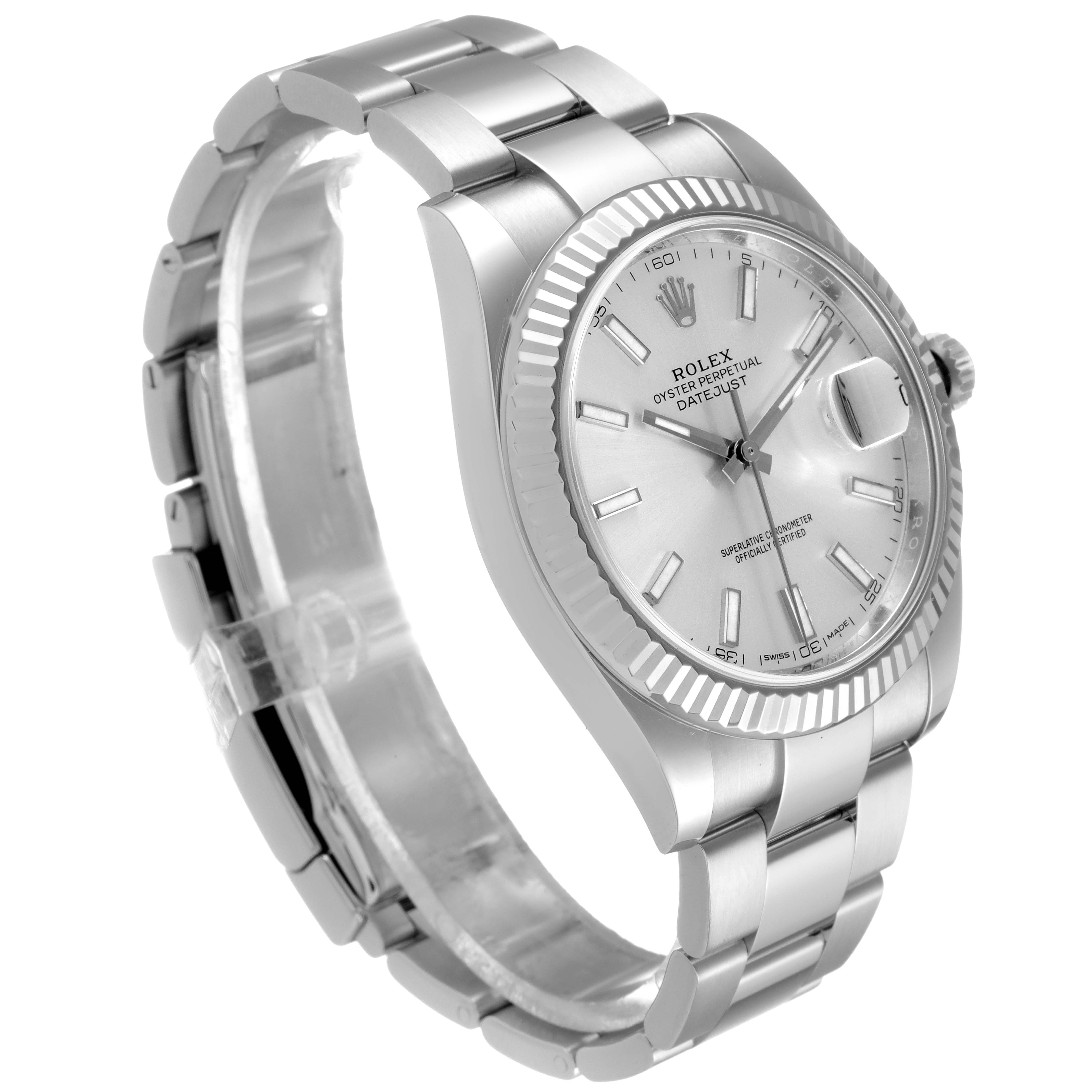 The image shows a side and frontal view of the Rolex Datejust 41 126334 Men
s Stainless Steel Silver Dial 126334 Men
s Stainless Steel Silver Dial watch, featuring its silver dial, fluted bezel, and stainless steel bracelet.