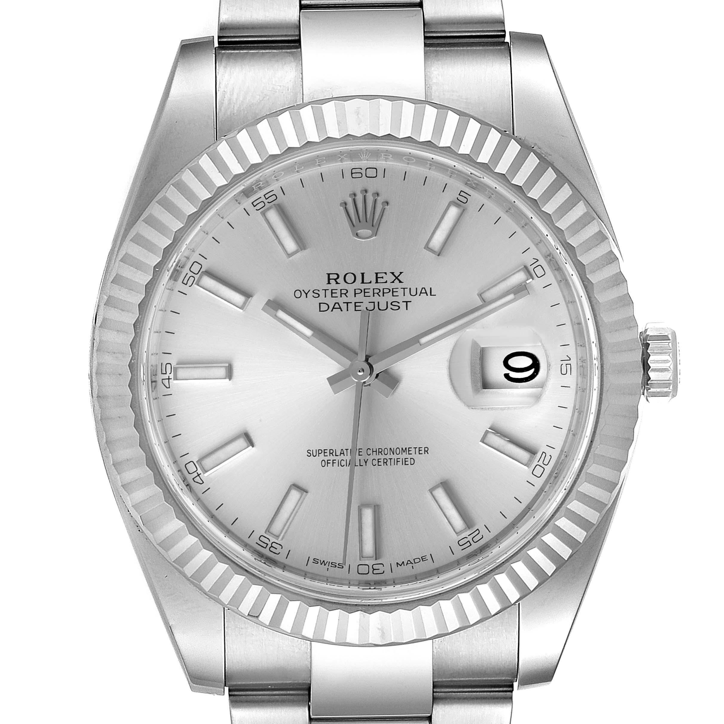 This is a front view of the Rolex Datejust 41 126334 Men
s Stainless Steel Silver Dial 126334 Men
s Stainless Steel Silver Dial watch, showing the dial, hands, bezel, and part of the bracelet.