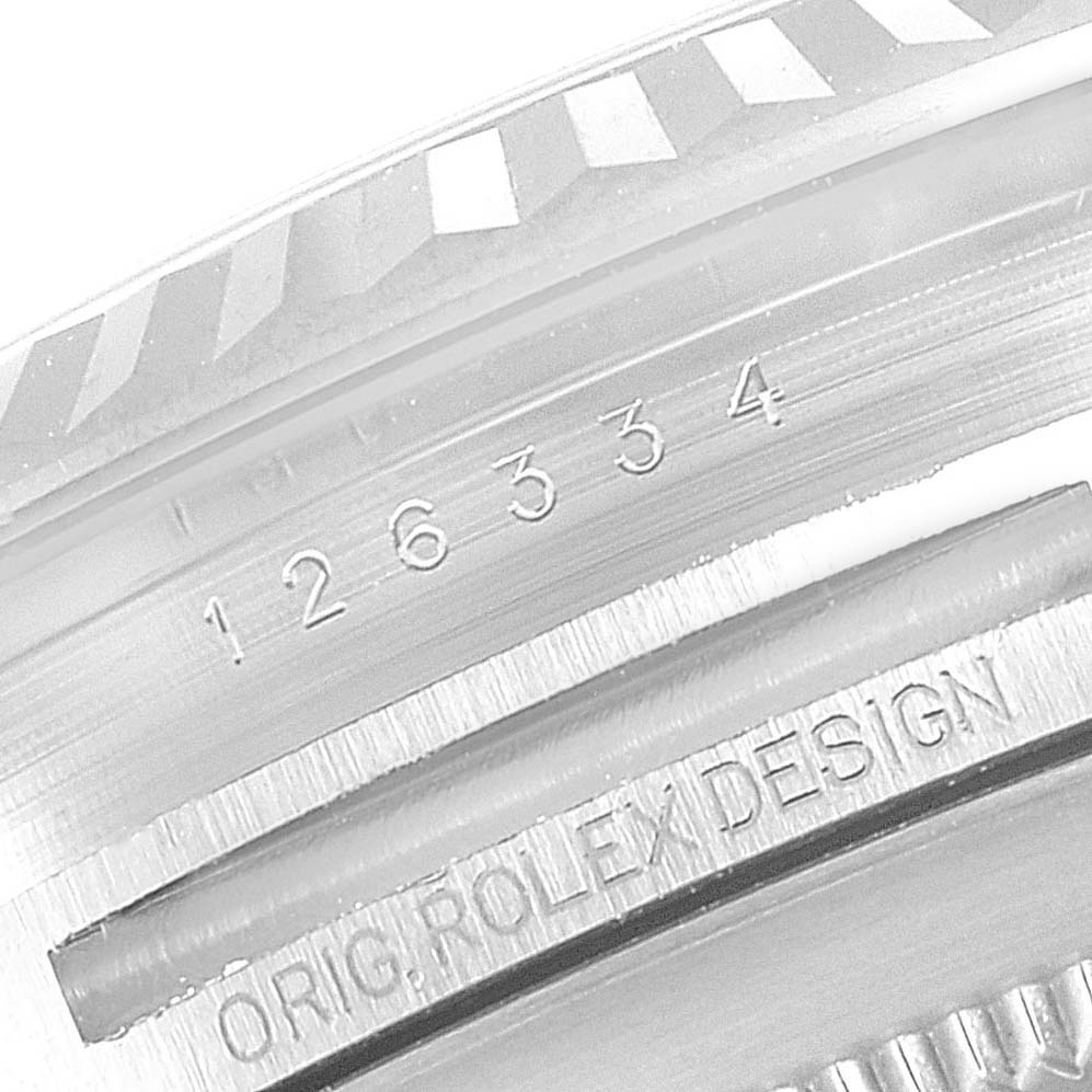 This image shows a close-up view of the model number and the "ORIG.ROLEX DESIGN" inscription on the Rolex Datejust 41 126334 Men
s Stainless Steel Silver Dial 126334 Men
s Stainless Steel Silver Dial watch.
