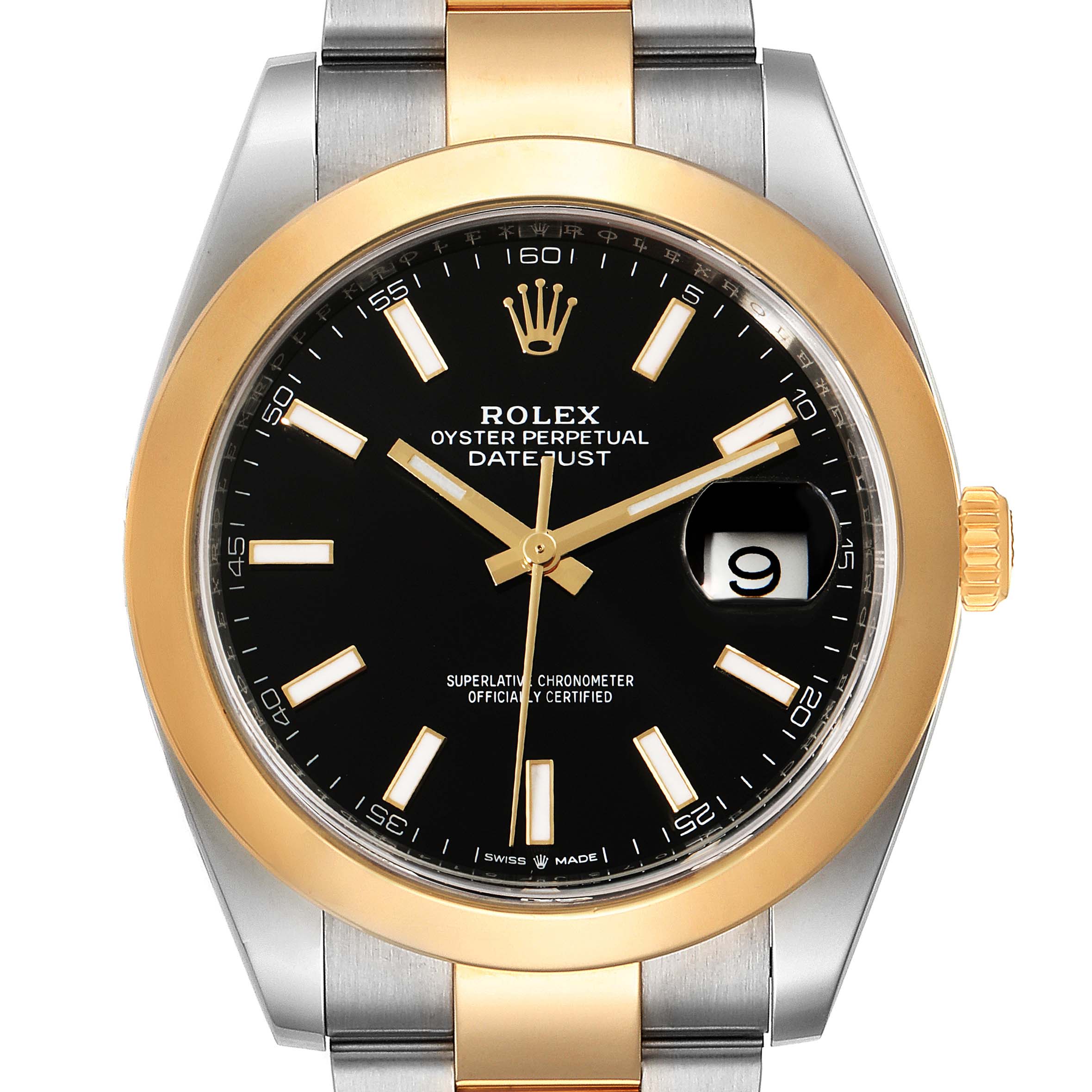The image shows a Rolex Datejust 41 126303 Men's Steel and Gold (two tone) Black Dial 126303 Men's Steel and Gold (two tone) Black Dial model watch from a frontal angle, highlighting its black dial, gold bezel, and stainless steel and gold bracelet.