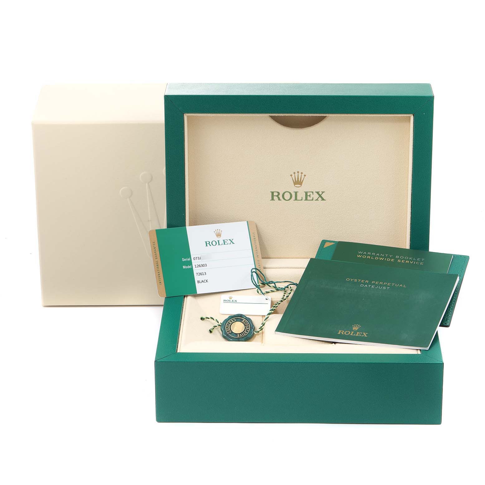 The image shows the packaging, warranty card, tag, and booklets for a Rolex Datejust 41 126303 Men's Steel and Gold (two tone) Black Dial 126303 Men's Steel and Gold (two tone) Black Dial watch.