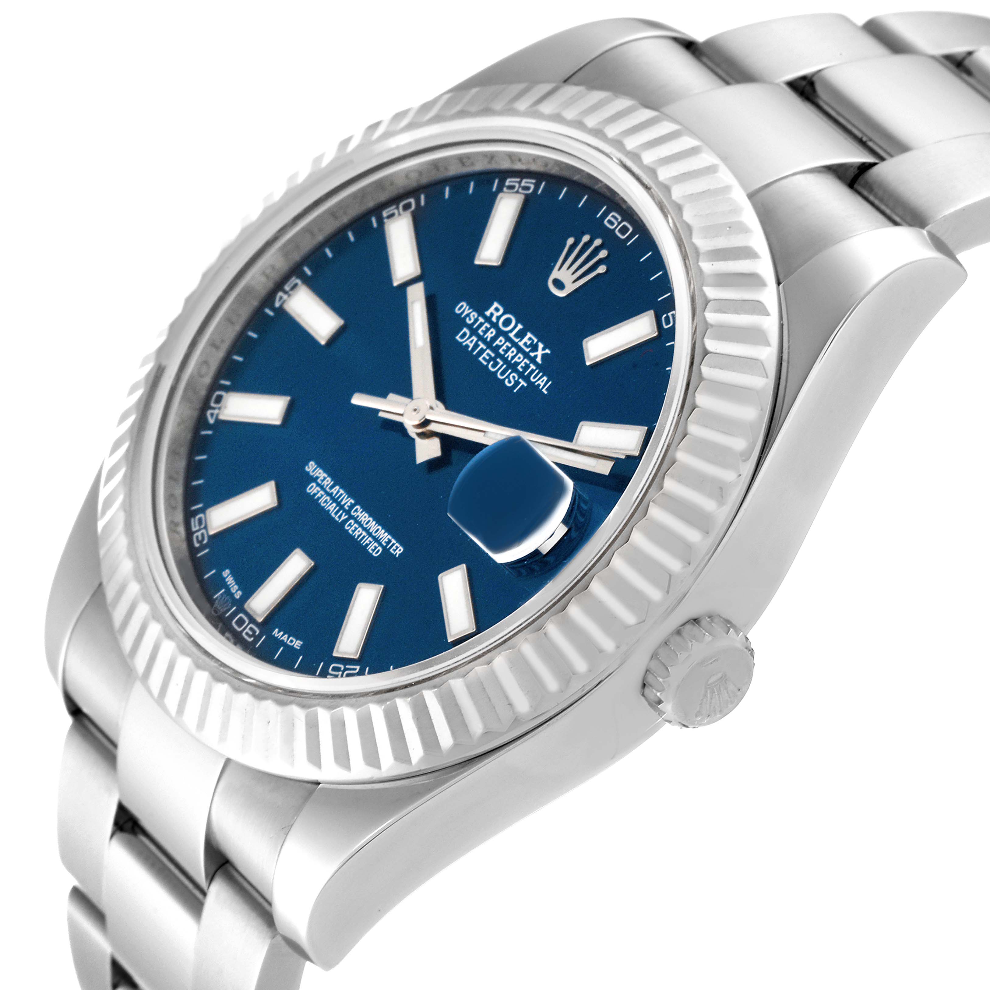 The Rolex Datejust 41 116334 Men
s Stainless Steel Blue Dial 116334 Men
s Stainless Steel Blue Dial watch is shown from an angled view, highlighting the blue dial, markers, fluted bezel, and part of the bracelet.