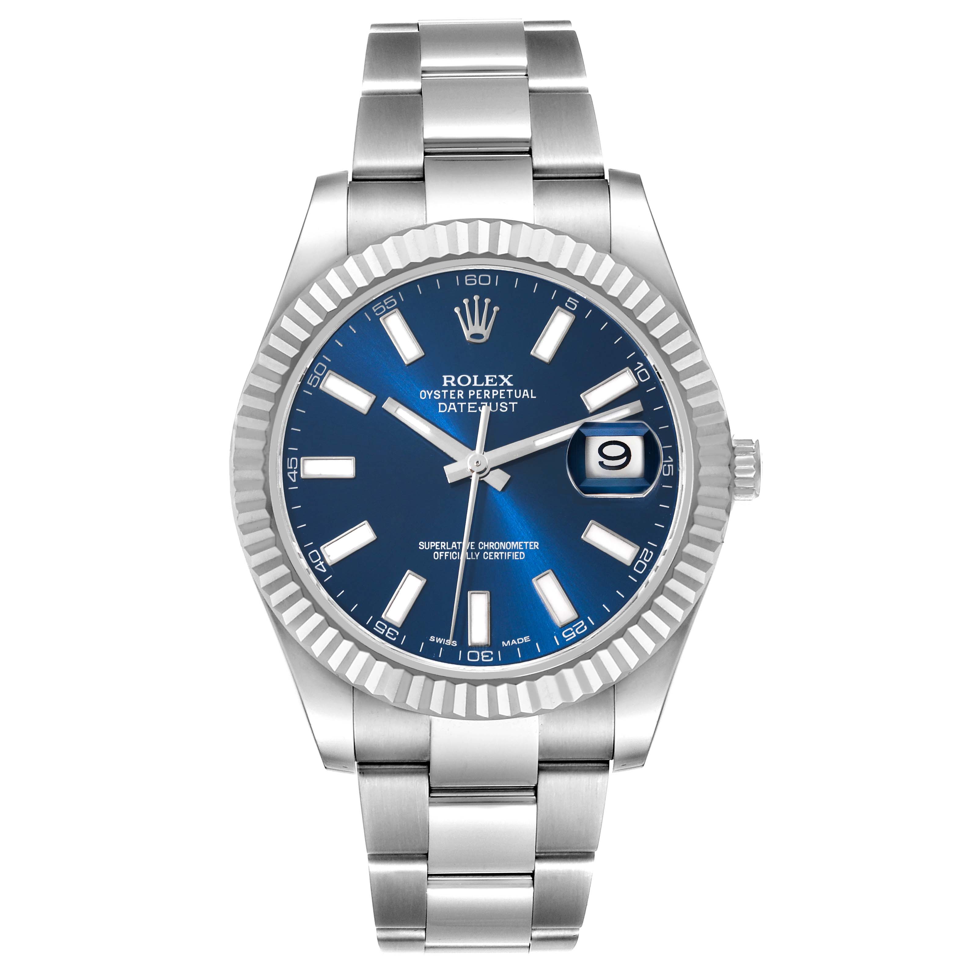 This image shows a Rolex Datejust 41 116334 Men
s Stainless Steel Blue Dial 116334 Men
s Stainless Steel Blue Dial watch, featuring a blue dial, fluted bezel, and Jubilee bracelet, viewed from the front.