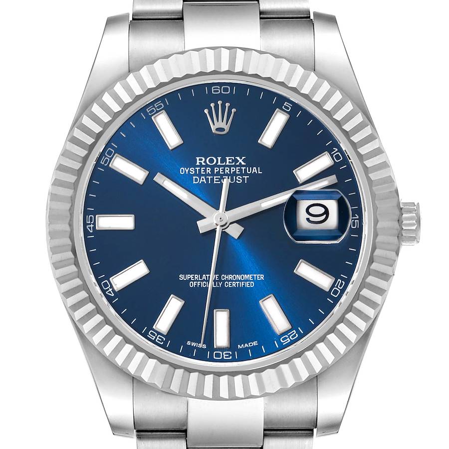 This image shows a front view of the Rolex Datejust 41 watch, displaying the dial, fluted bezel, and bracelet.