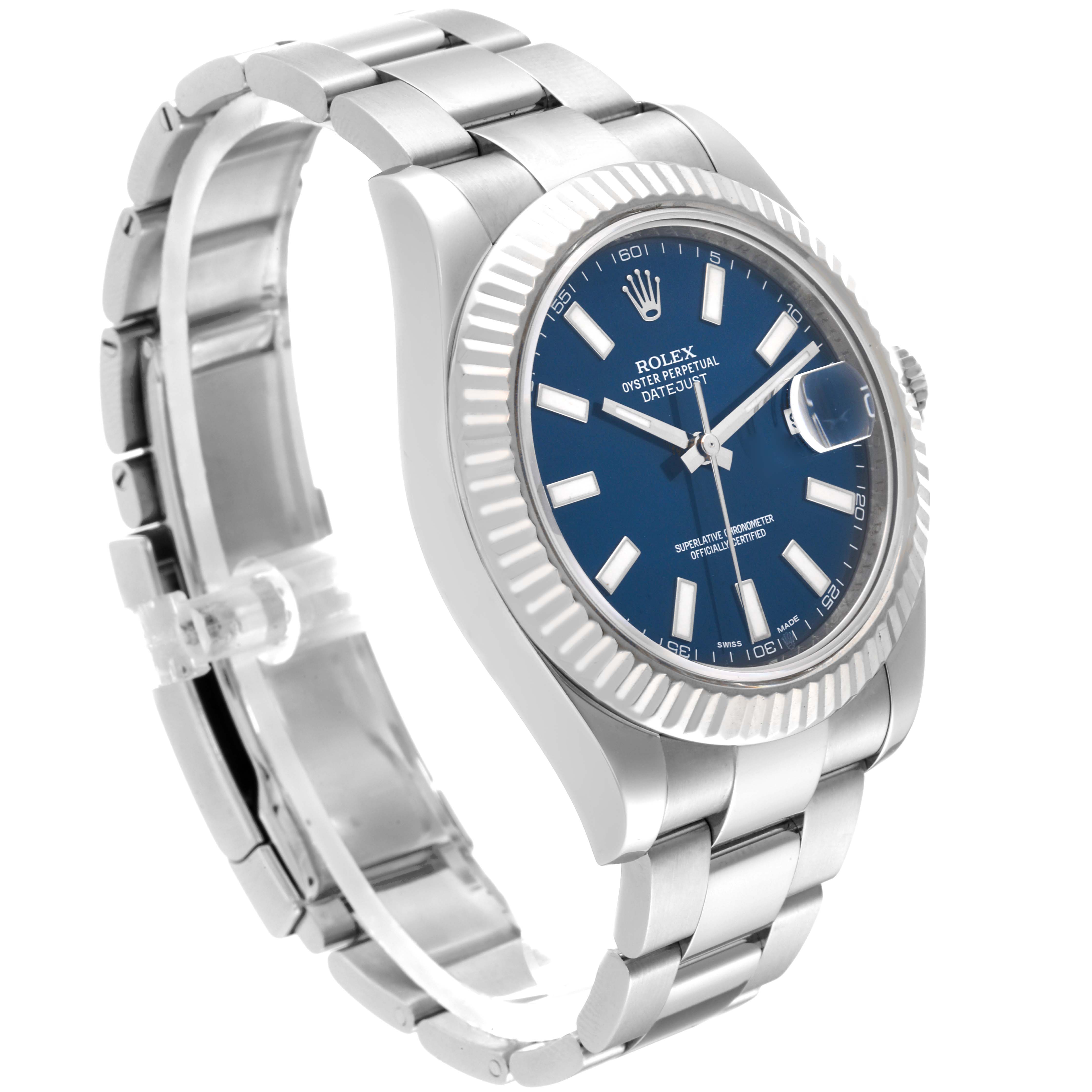 The Rolex Datejust 41 116334 Men
s Stainless Steel Blue Dial 116334 Men
s Stainless Steel Blue Dial is shown at a three-quarter angle, featuring its bracelet, blue dial, fluted bezel, and Cyclops date window.