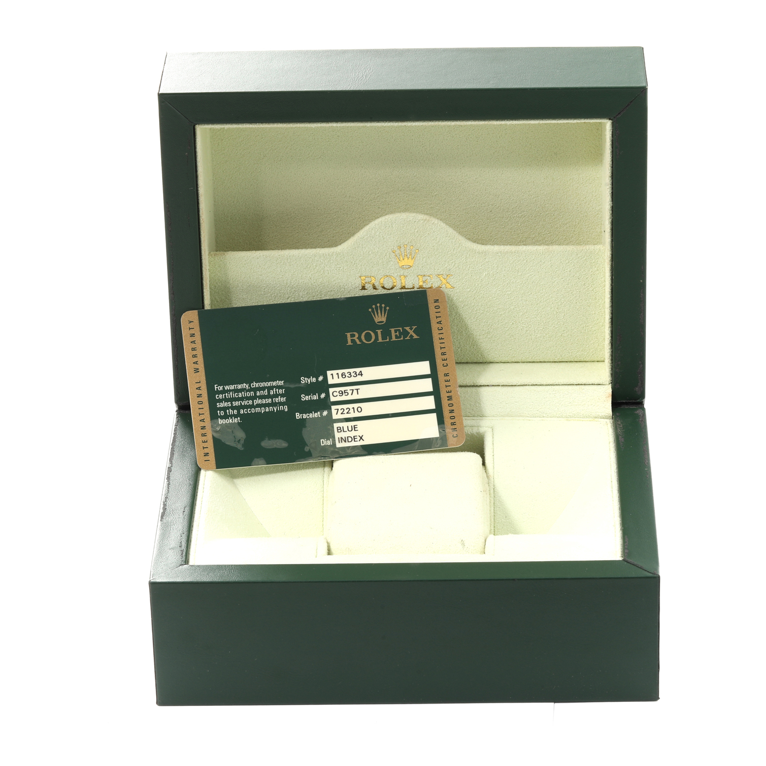 This image shows an open Rolex Datejust 41 116334 Men
s Stainless Steel Blue Dial 116334 Men
s Stainless Steel Blue Dial watch box with a warranty card placed inside.