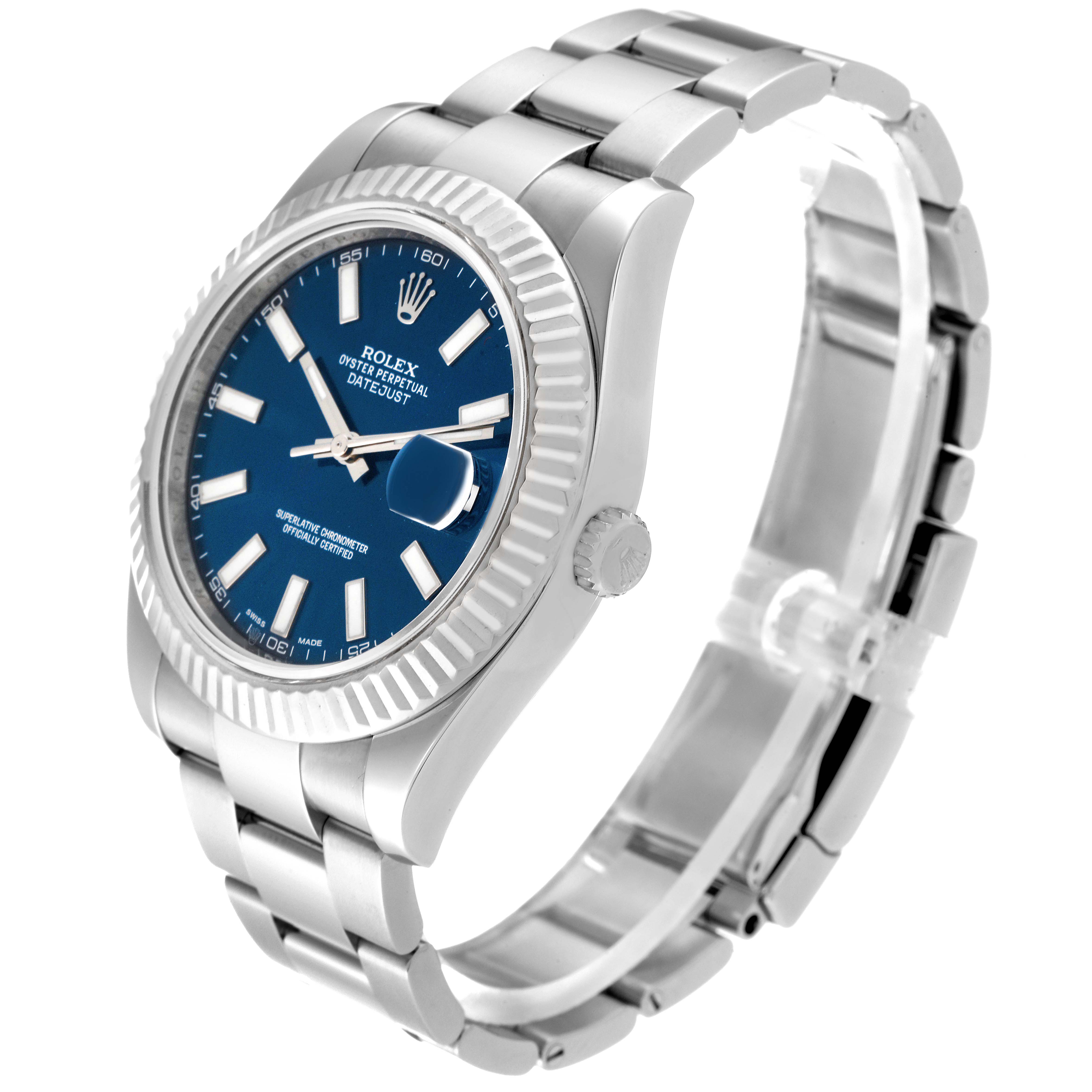 The image showcases a Rolex Datejust 41 116334 Men
s Stainless Steel Blue Dial 116334 Men
s Stainless Steel Blue Dial watch from a slight side angle, highlighting its blue dial, fluted bezel, and stainless steel bracelet.