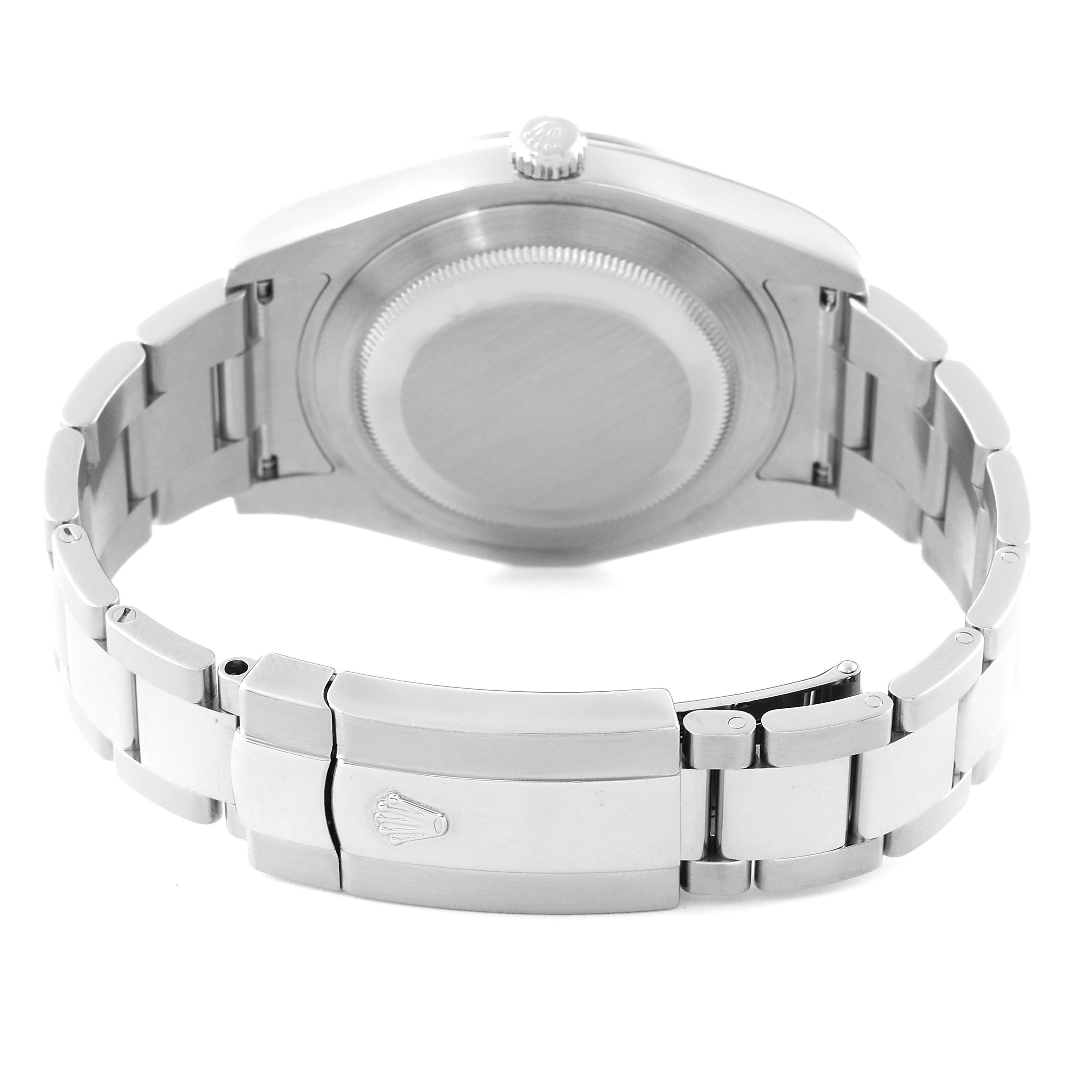 This image shows the back and clasp of a Rolex Datejust 41 116334 Men
s Stainless Steel Blue Dial 116334 Men
s Stainless Steel Blue Dial model watch, viewed from a rear angle.