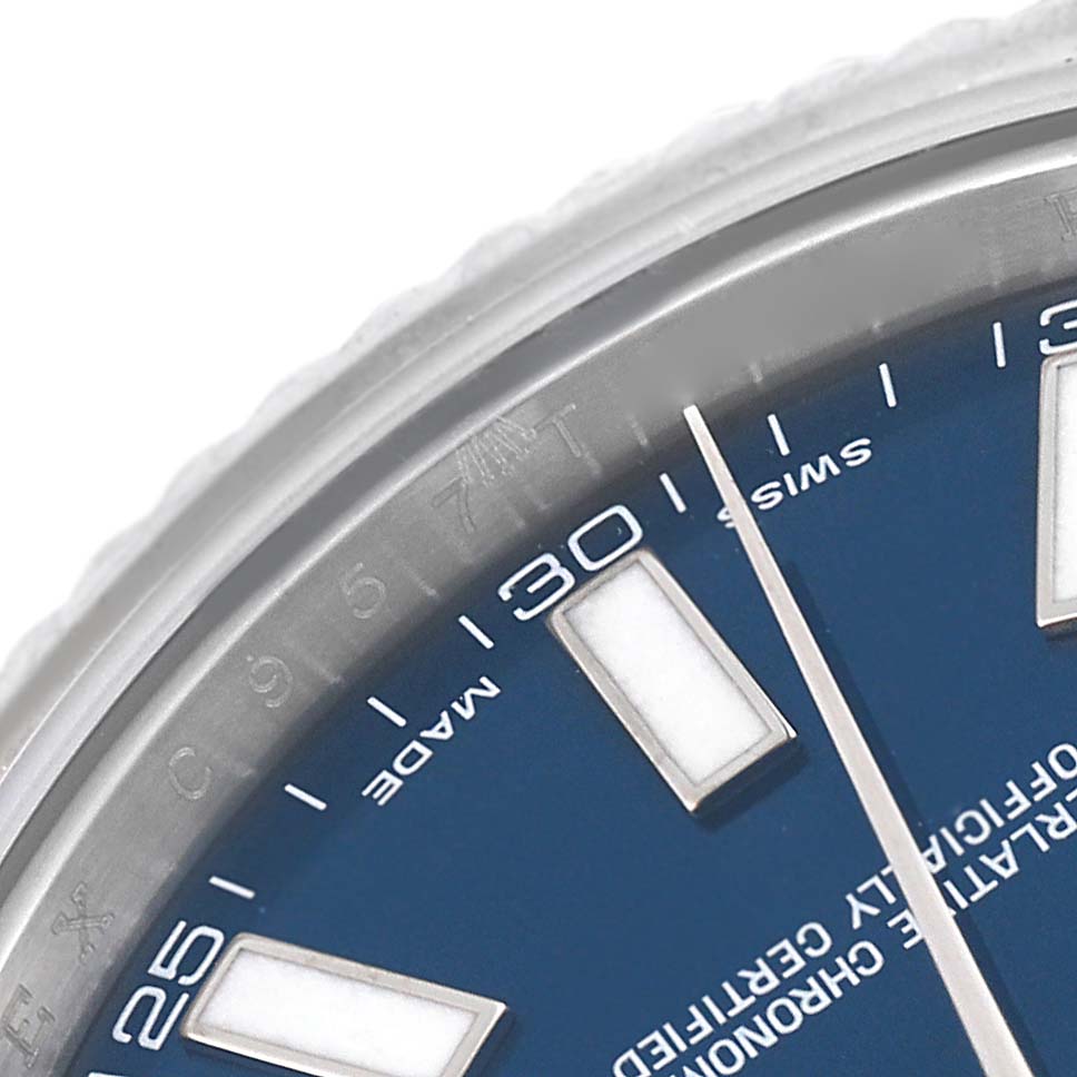 This close-up image shows the dial and markers of a Rolex Datejust 41 116334 Men
s Stainless Steel Blue Dial 116334 Men
s Stainless Steel Blue Dial watch.