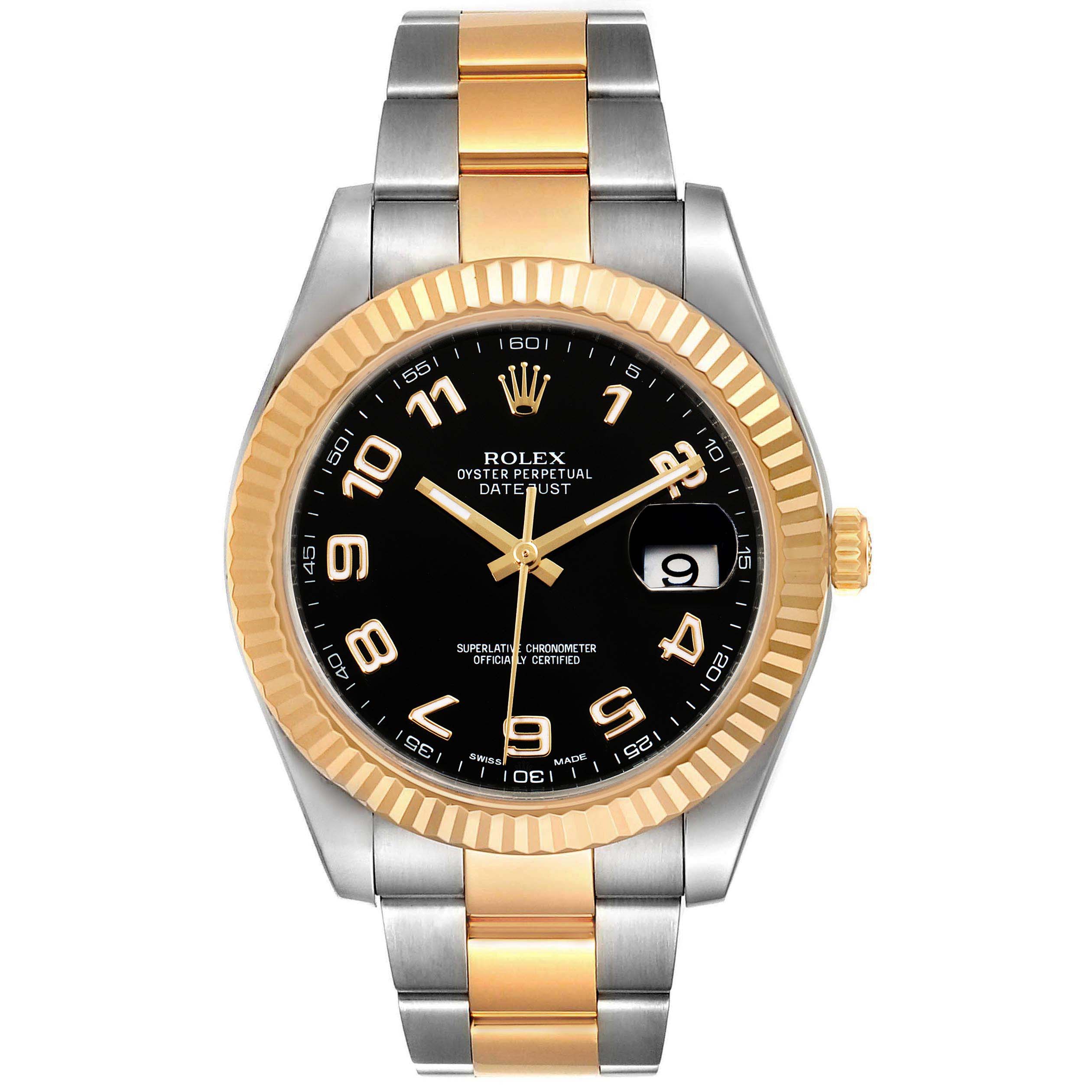 The image shows a frontal view of the Rolex Datejust 41 116333 Men's Steel and Gold (two tone) Black Dial 116333 Men's Steel and Gold (two tone) Black Dial watch, highlighting its bicolor bracelet, black dial, and gold fluted bezel.